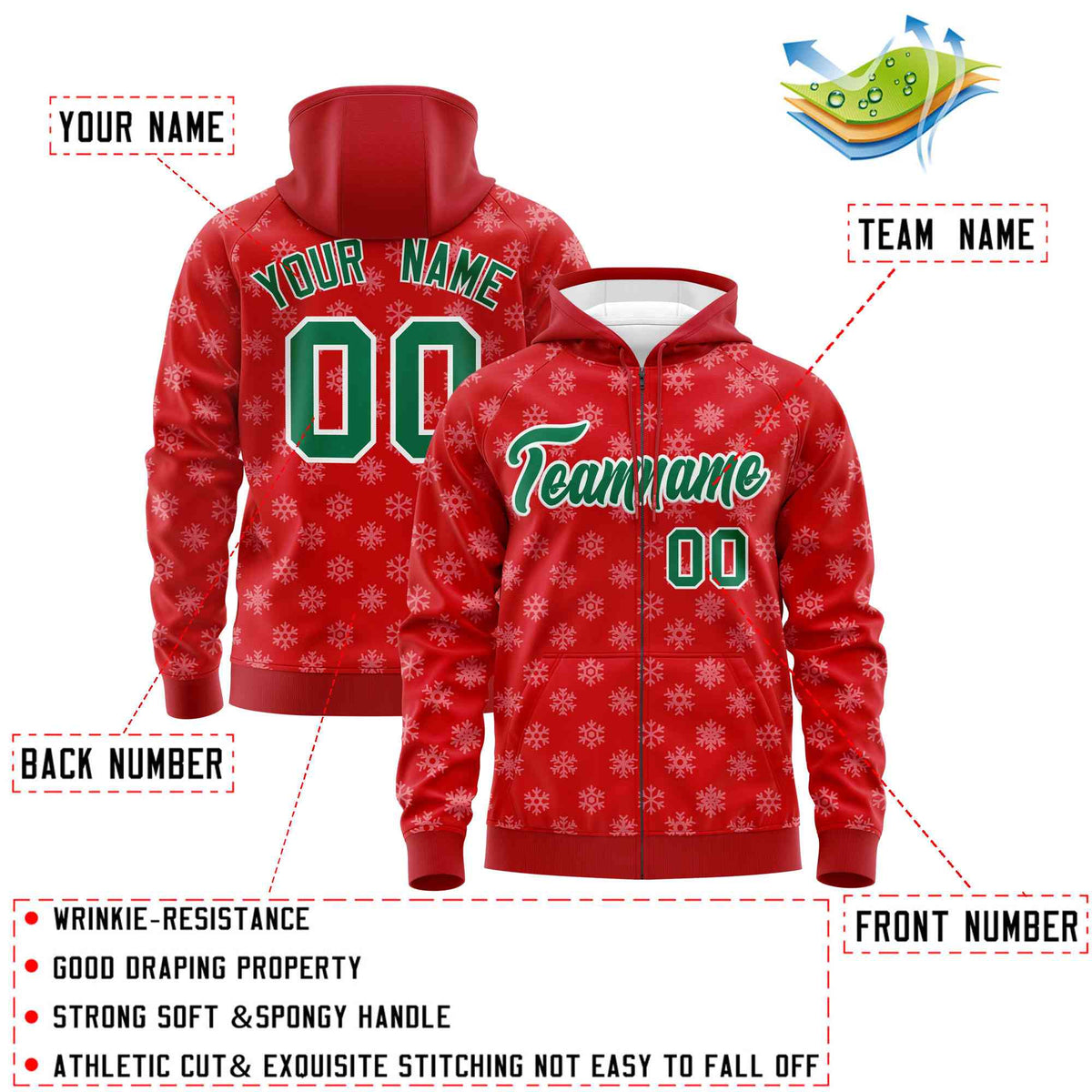 Custom Red Kelly Green Christmas Graffiti Pattern Athletic Pullover Hoodie
