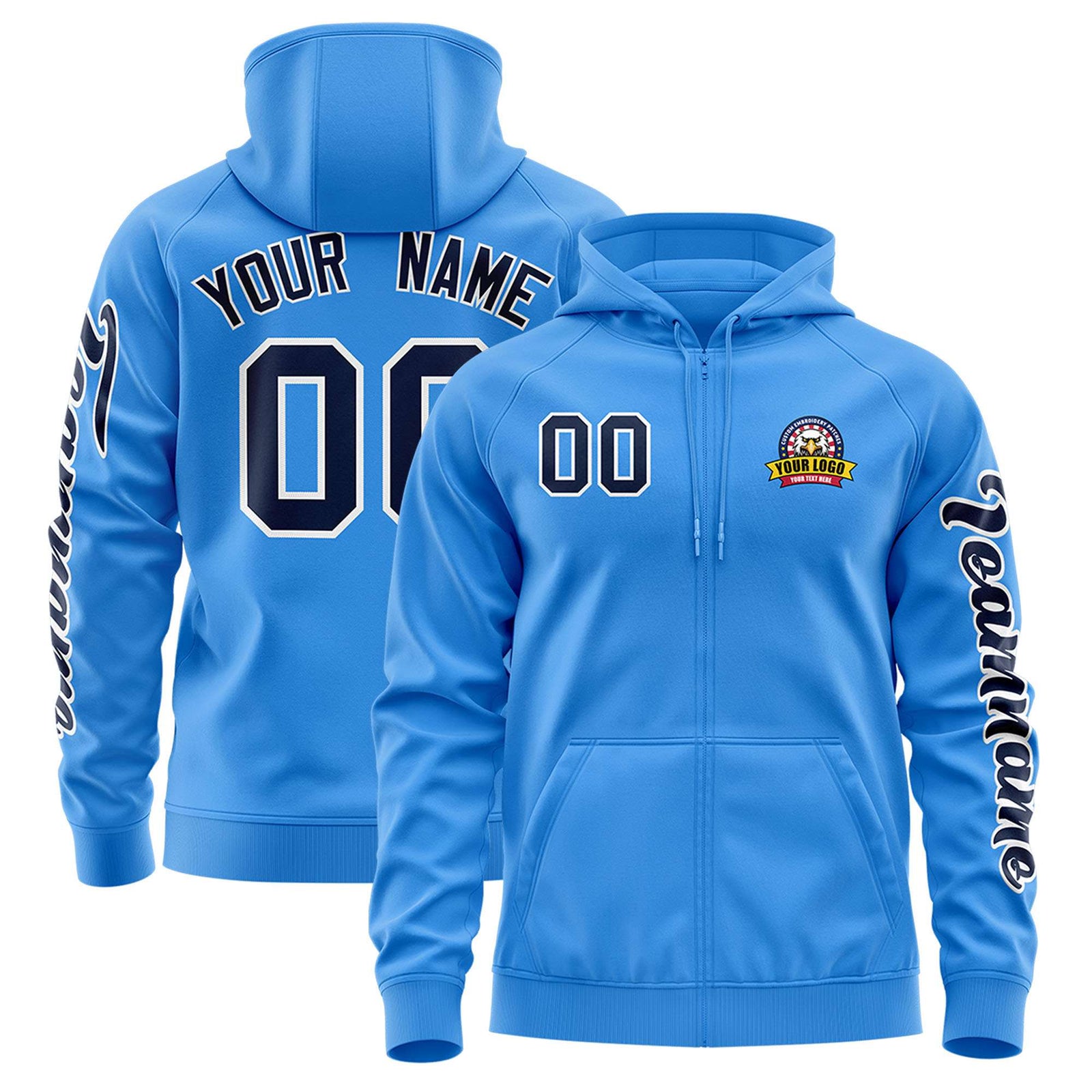 Custom Powder Blue Navy Varsity Full-Zip Letterman Classic Hoodie Jacket