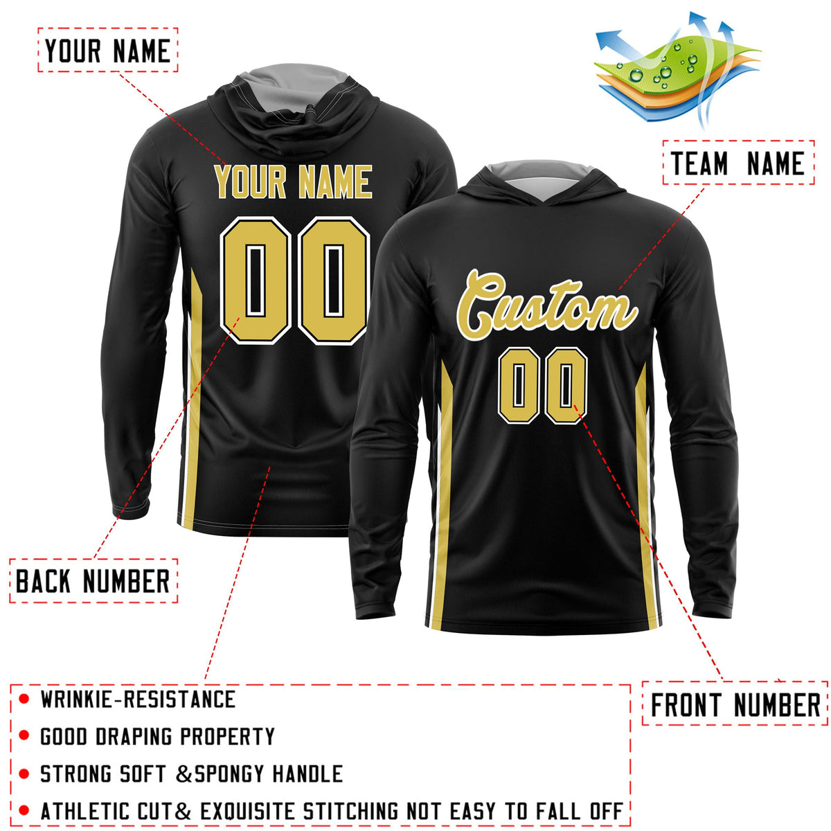 Custom Black Gold Basketball Shooting Shirt Performance Training Lightweight Hoodie| KXKSHOP