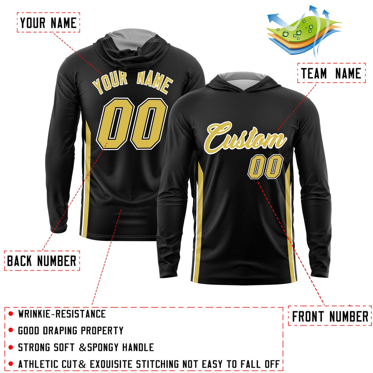 Custom Black Gold Basketball Shooting Shirt Performance Training Lightweight Hoodie| KXKSHOP