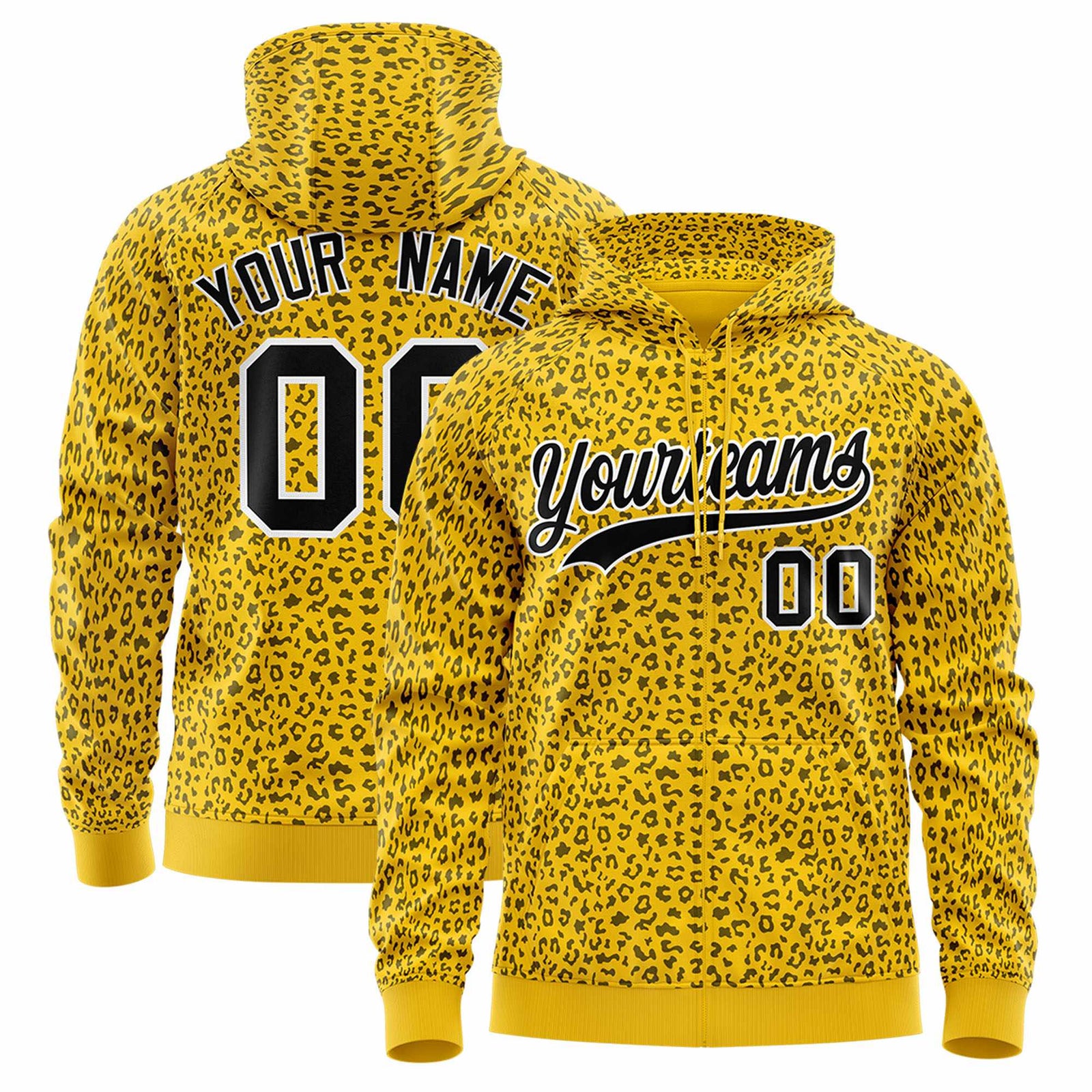 Custom Gold Black Varsity Full-Zip Letterman Leopard Print Hoodie Jacket