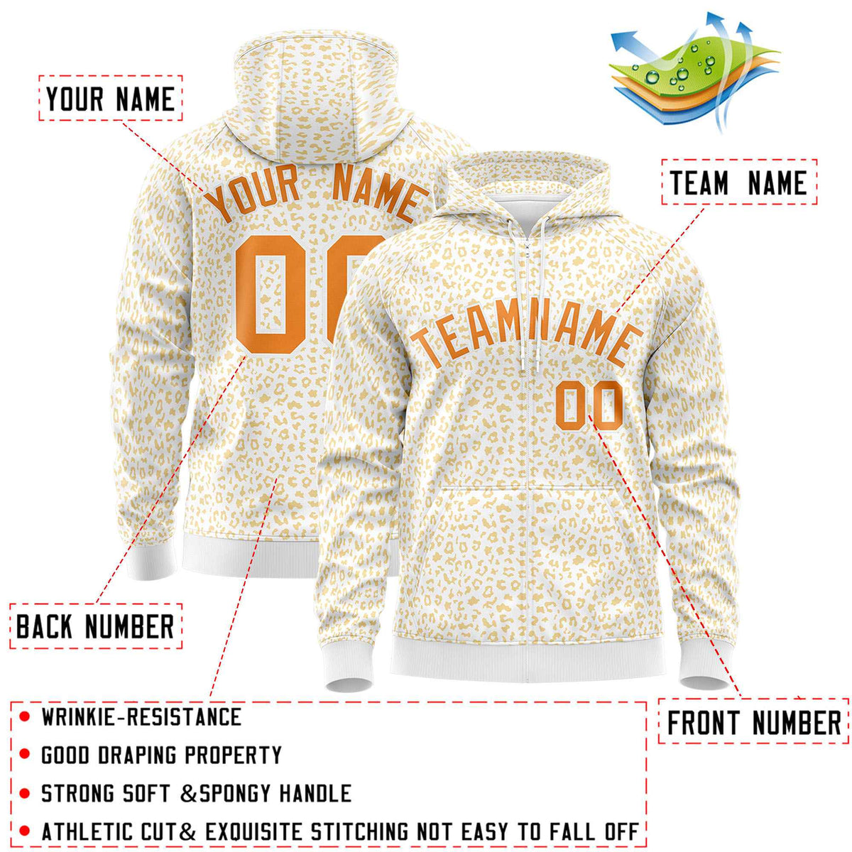 Custom White Orange Varsity Full-Zip Letterman Leopard Print Hoodie Jacket