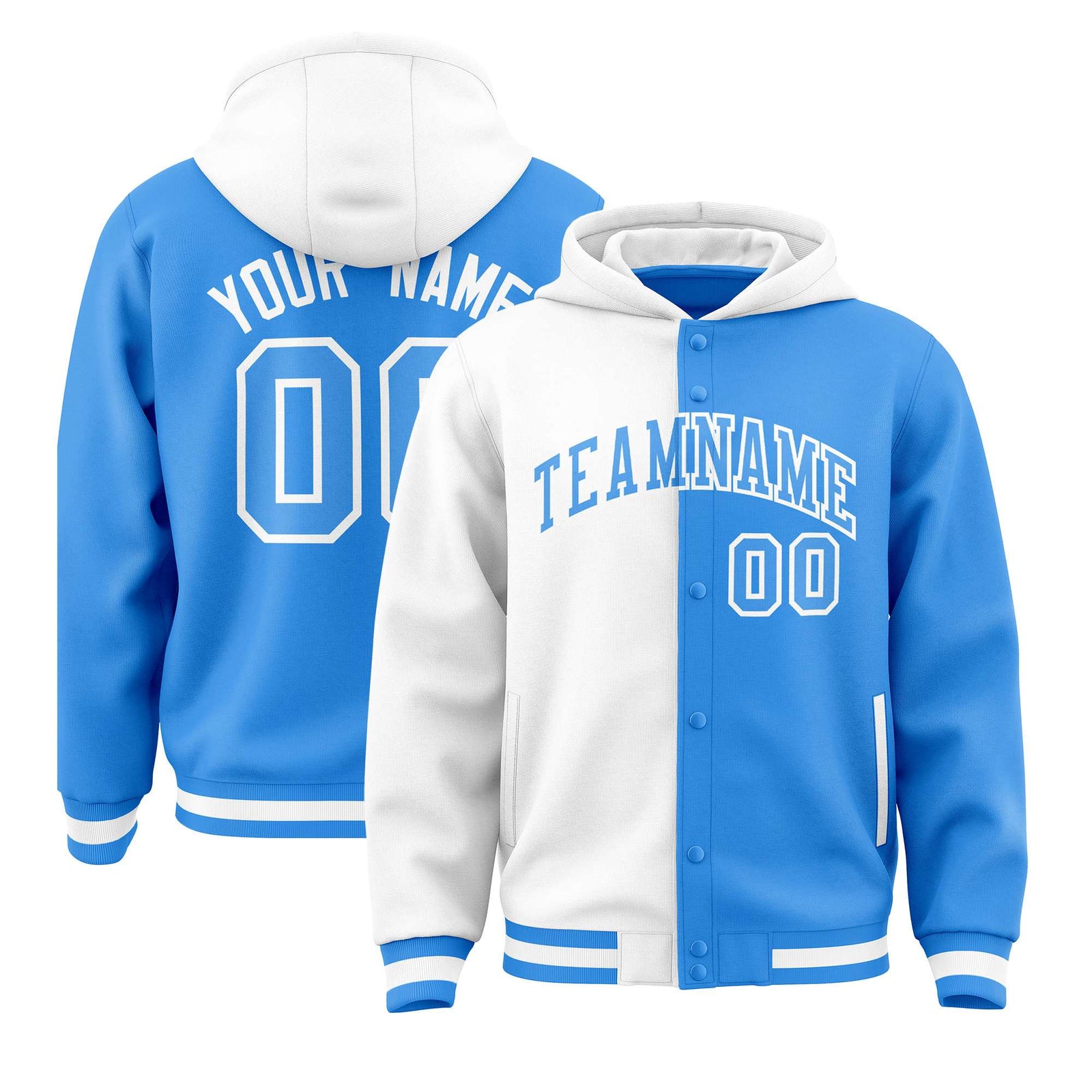 Custom White Powder Blue Split Fashion Varsity Full-Snap Letterman Two Tone Hoodie Jacket