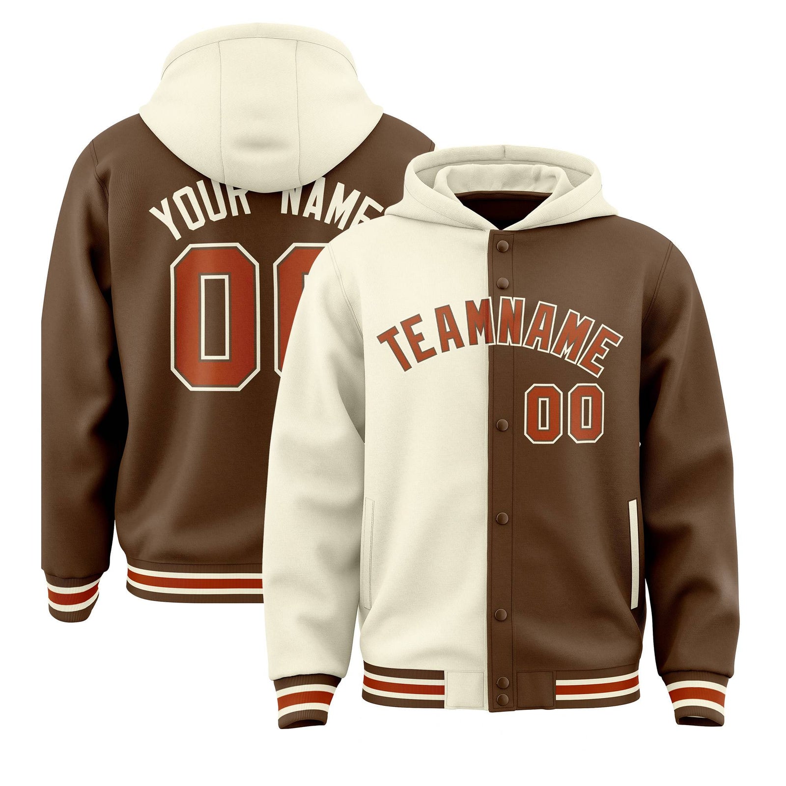Custom Cream Light Brown Split Fashion Varsity Full-Snap Letterman Two Tone Hoodie Jacket