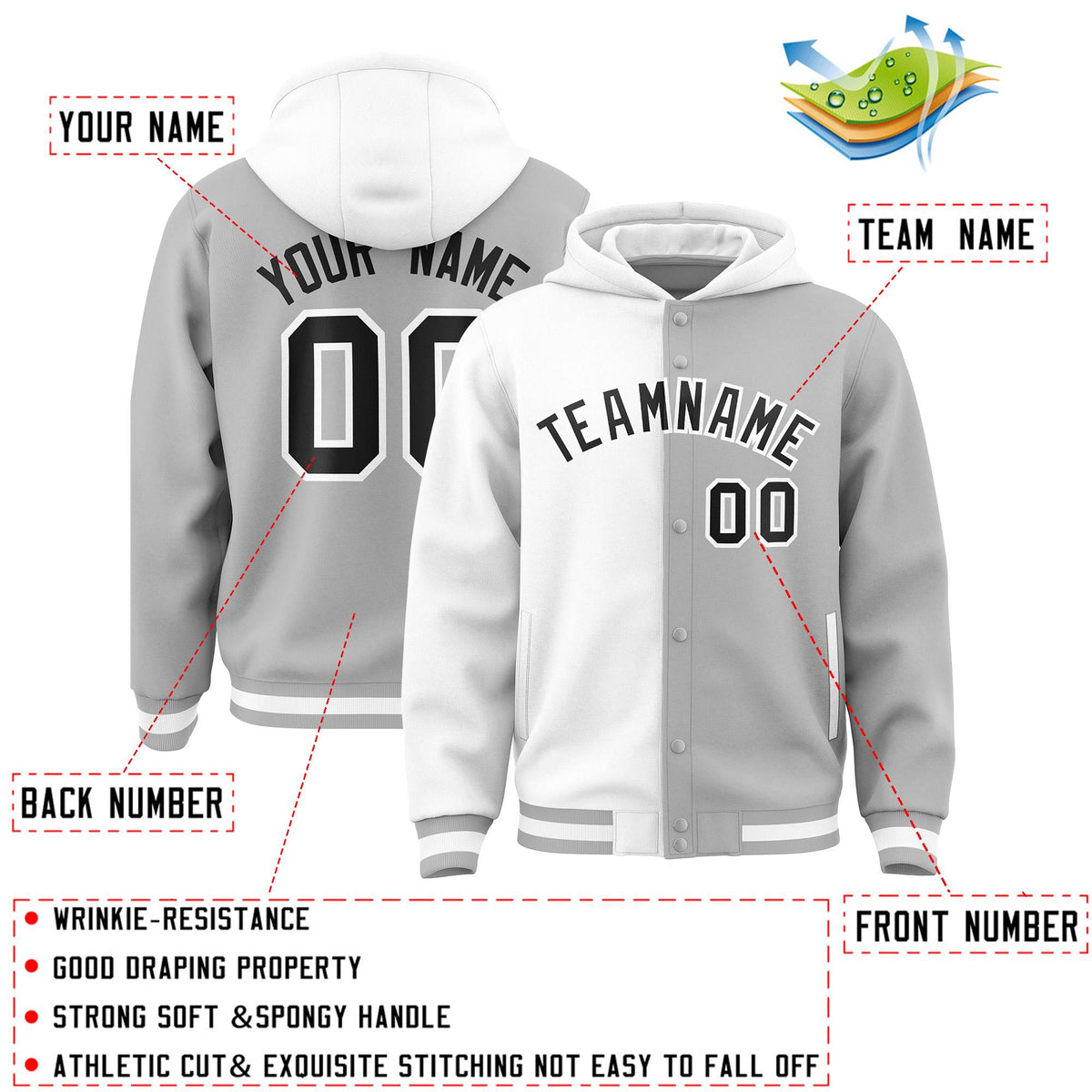 Custom White Gray Split Fashion Varsity Full-Snap Letterman Two Tone Hoodie Jacket