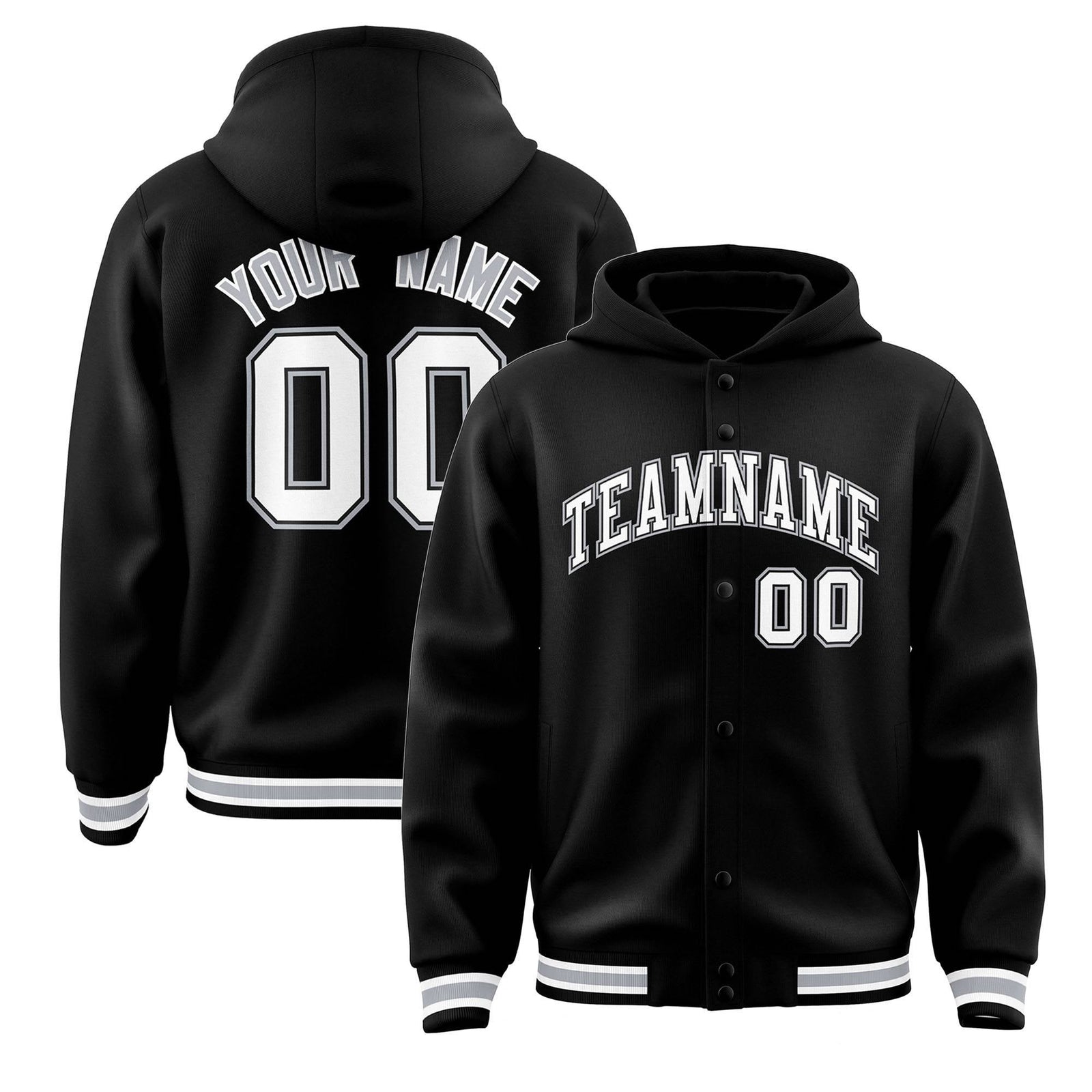 Custom Black White-Black Varsity Full-Snap Letterman Classic Hoodie Jacket