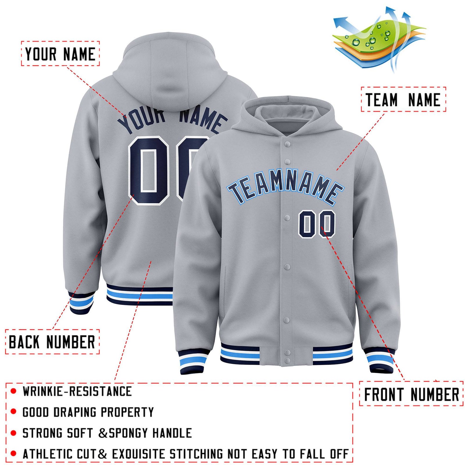 Custom Gray Navy-White Varsity Full-Snap Letterman Classic Hoodie Jacket