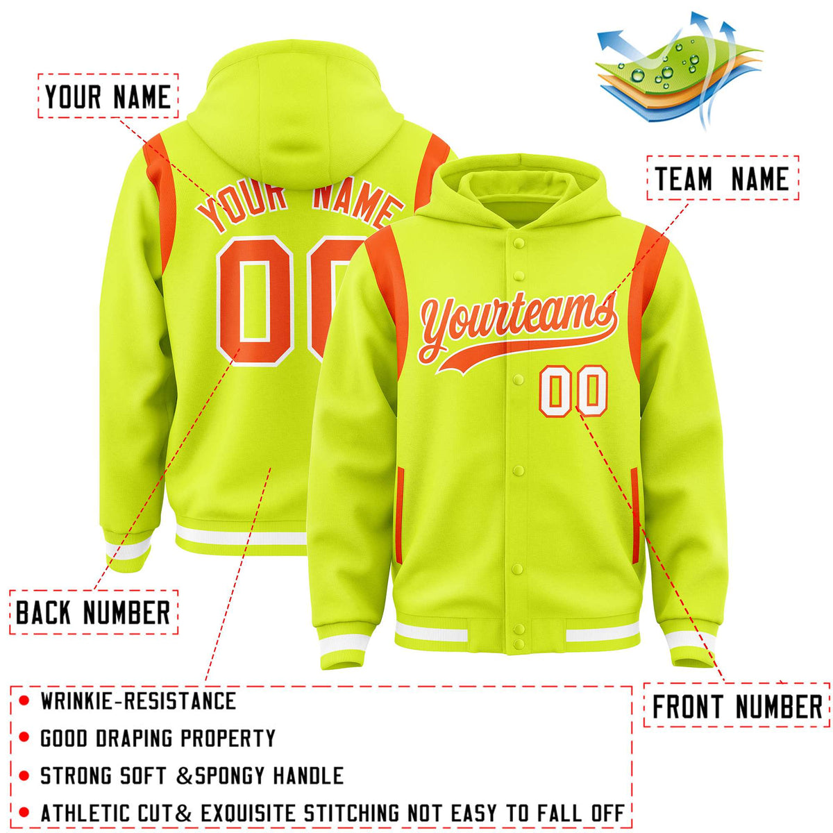 Custom Fluorescent Green Orange Varsity Full-Snap Letterman Shoulder Color Block Hoodie Jacket