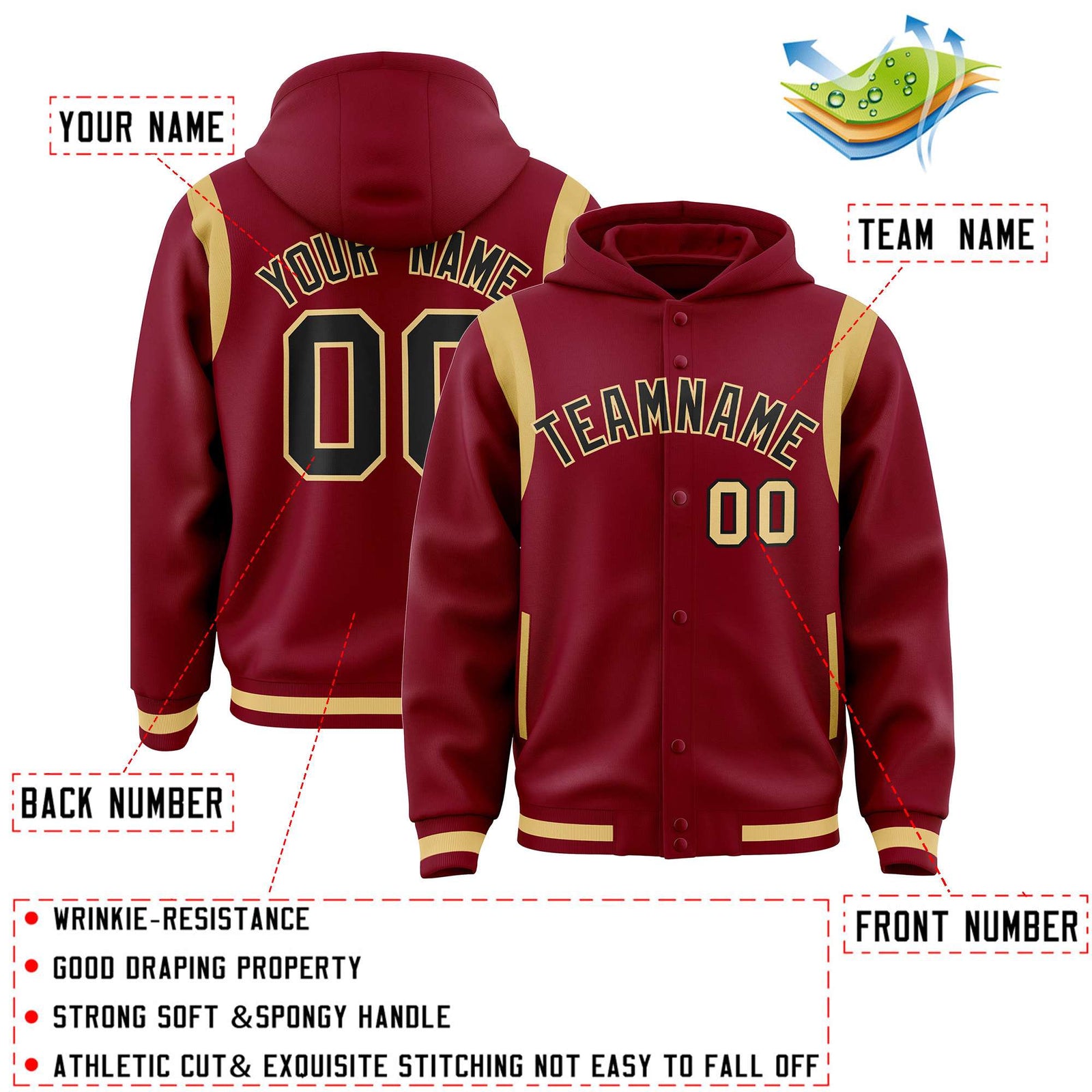 Custom Crimson Black Varsity Full-Snap Letterman Shoulder Color Block Hoodie Jacket