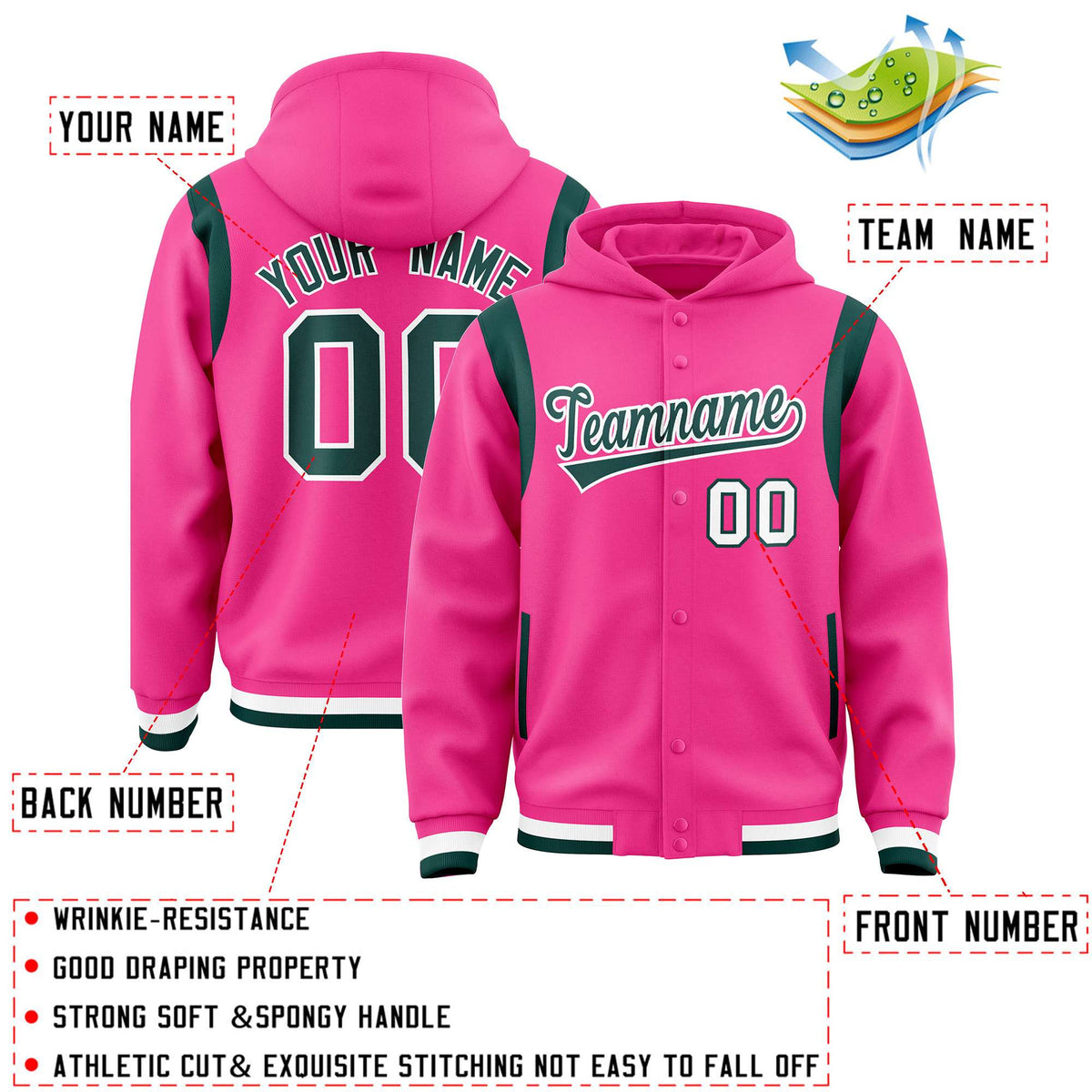 Custom Pink Midnight Green Varsity Full-Snap Letterman Shoulder Color Block Hoodie Jacket
