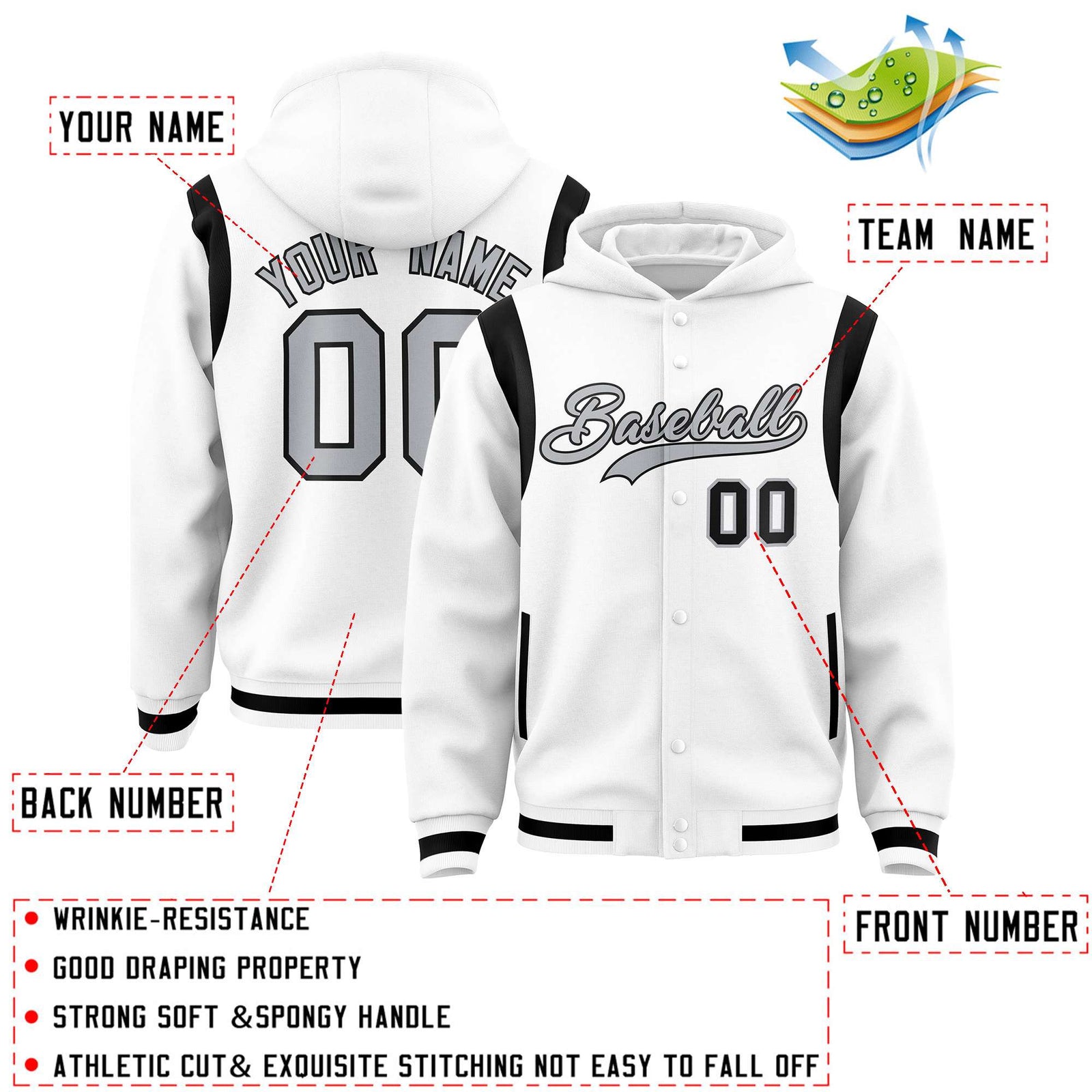 Custom White Silver Varsity Full-Snap Letterman Shoulder Color Block Hoodie Jacket