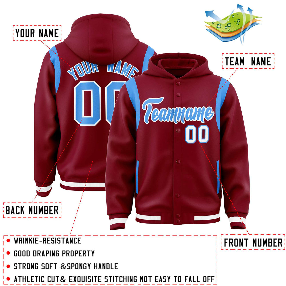 Custom Crimson Powder Blue Varsity Full-Snap Letterman Shoulder Color Block Hoodie Jacket