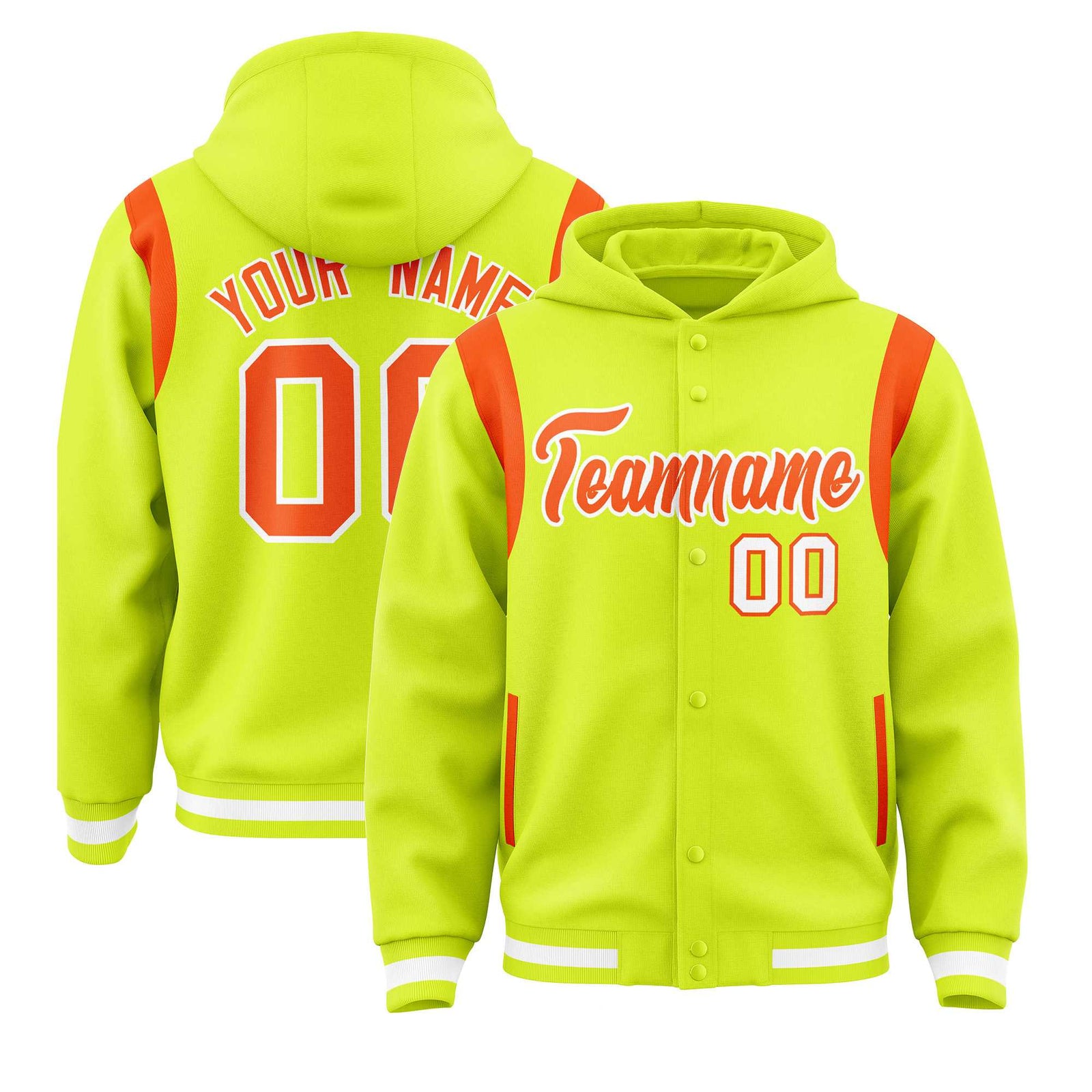 Custom Fluorescent Green Orange Varsity Full-Snap Letterman Shoulder Color Block Hoodie Jacket