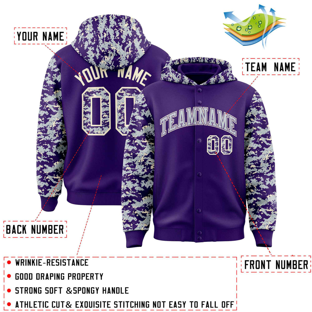 Custom Purple Silver-Cream Raglan Sleeves Varsity Full-Snap Letterman Camo Hoodie Jacket