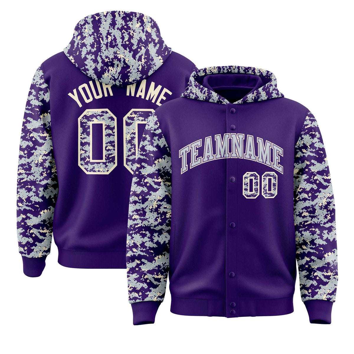 Custom Purple Silver-Cream Raglan Sleeves Varsity Full-Snap Letterman Camo Hoodie Jacket