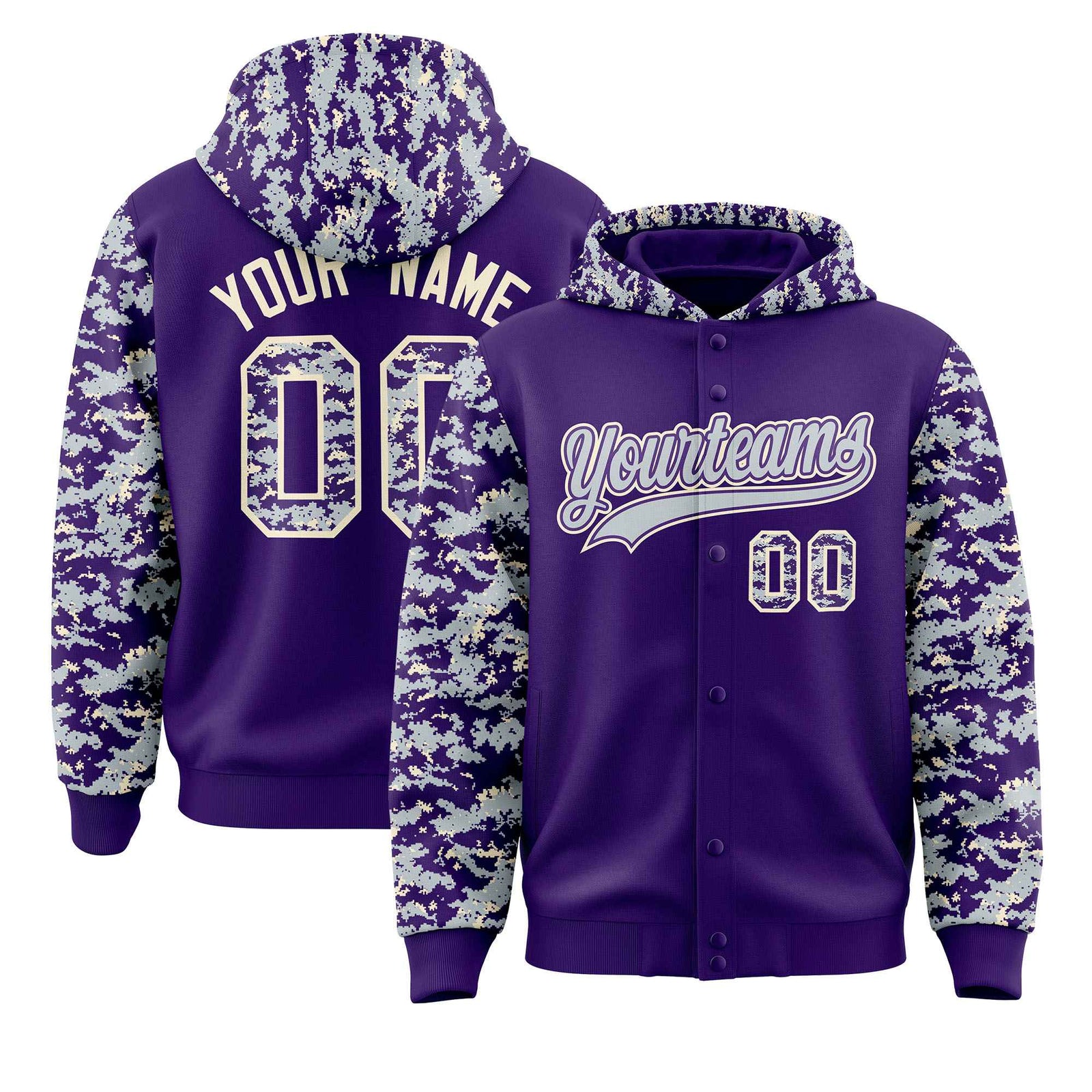 Custom Purple Silver-Cream Raglan Sleeves Varsity Full-Snap Letterman Camo Hoodie Jacket