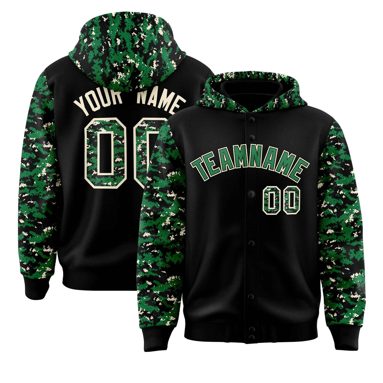 Custom Black Kelly Green-Cream Raglan Sleeves Varsity Full-Snap Letterman Camo Hoodie Jacket