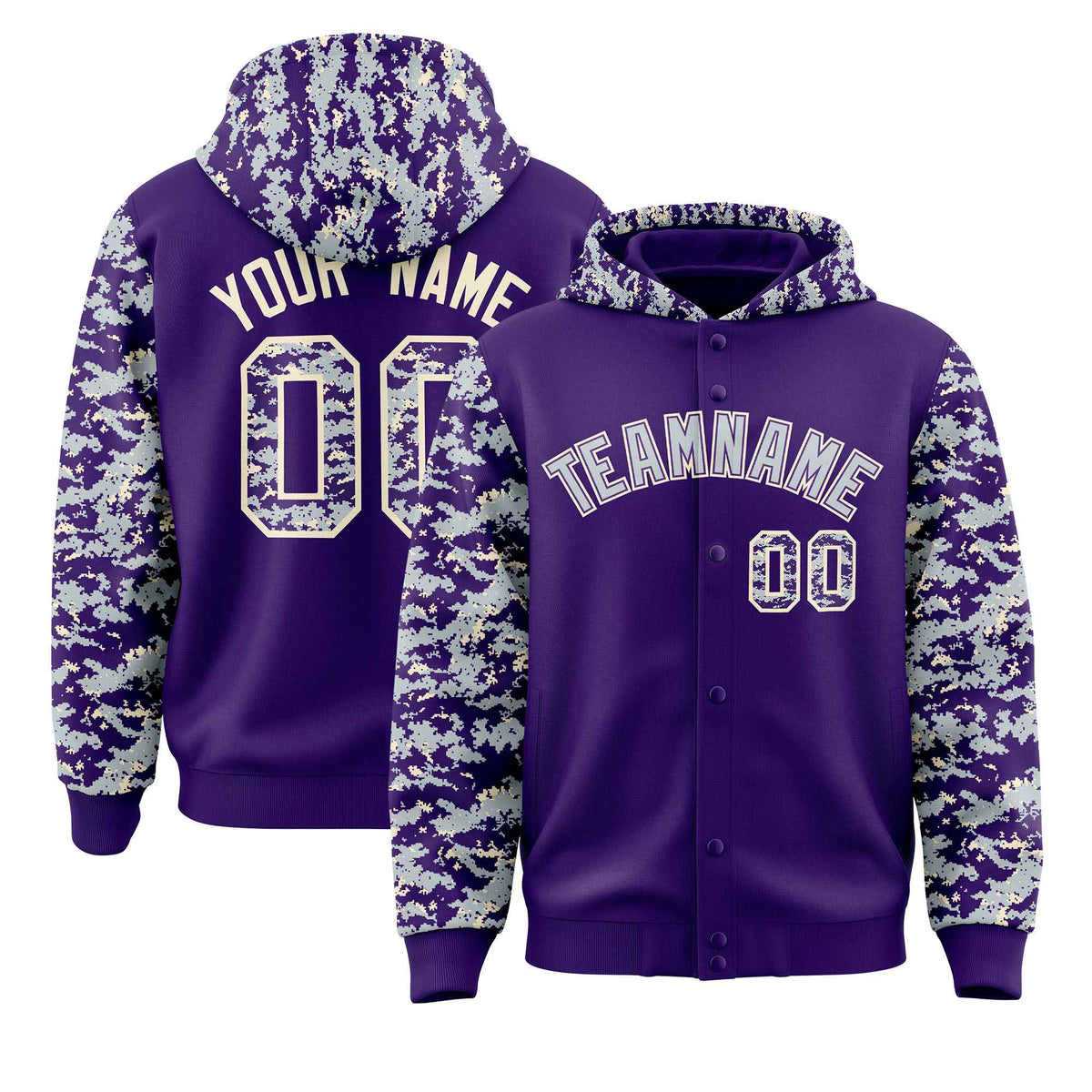 Custom Purple Silver-Cream Raglan Sleeves Varsity Full-Snap Letterman Camo Hoodie Jacket
