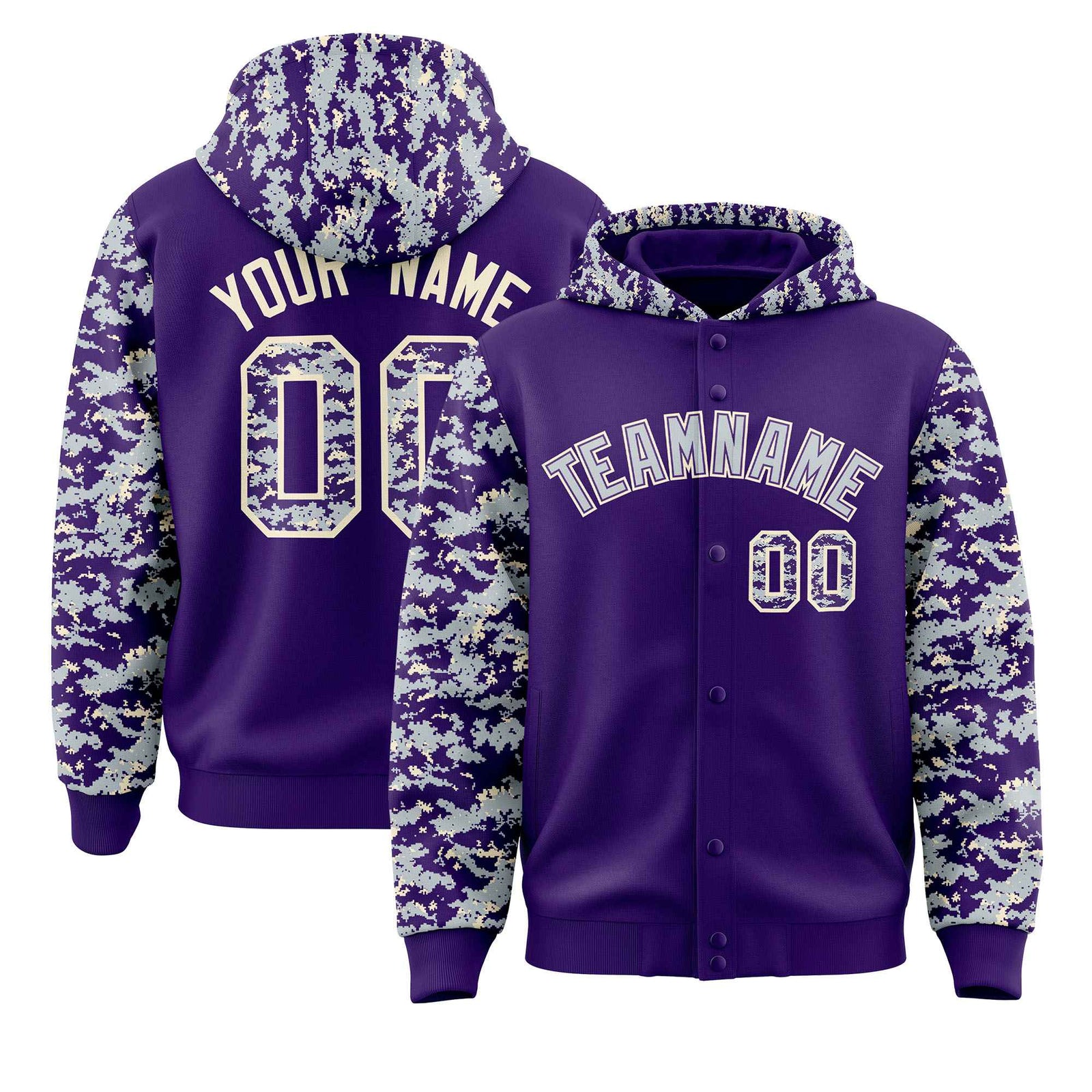 Custom Purple Silver-Cream Raglan Sleeves Varsity Full-Snap Letterman Camo Hoodie Jacket