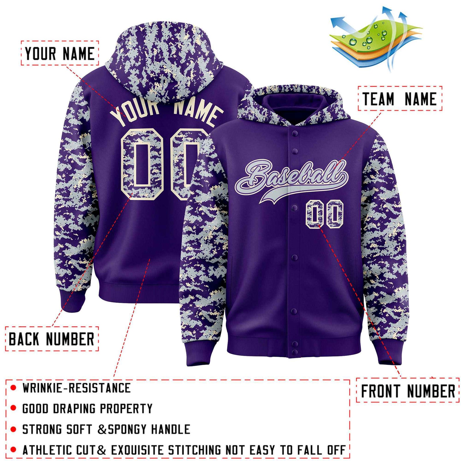 Custom Purple Silver-Cream Raglan Sleeves Varsity Full-Snap Letterman Camo Hoodie Jacket