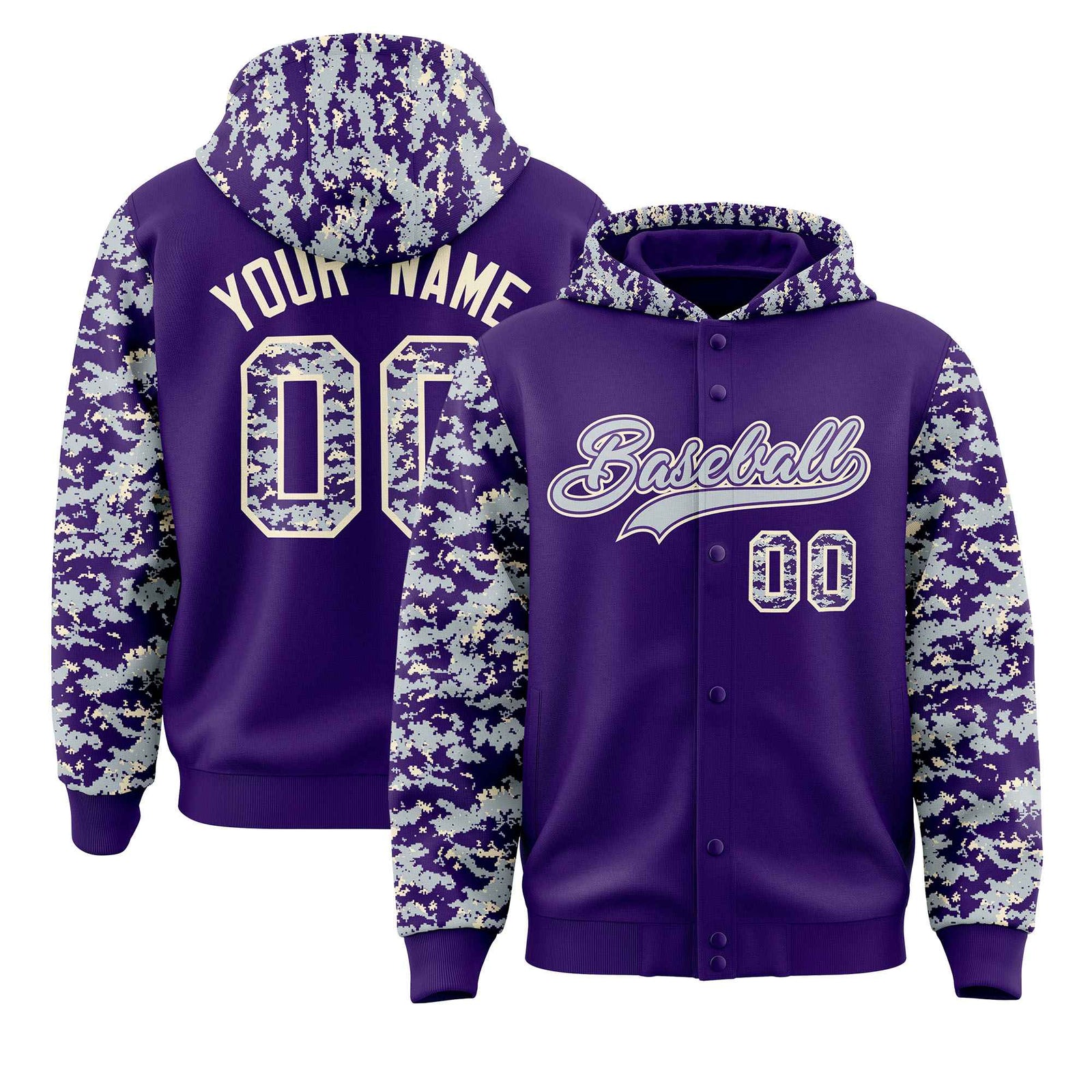 Custom Purple Silver-Cream Raglan Sleeves Varsity Full-Snap Letterman Camo Hoodie Jacket