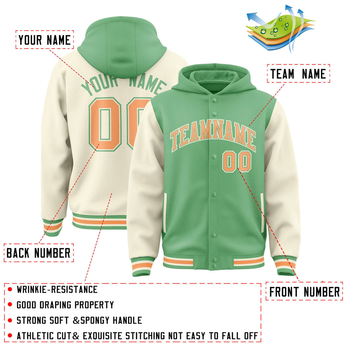 Custom Green Cream Raglan Sleeves Varsity Full-Snap Letterman Two Tone Hoodie Jacket