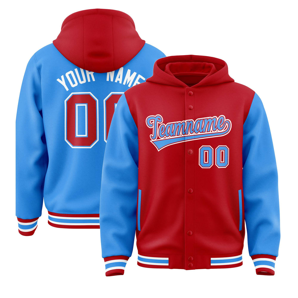 Custom Red Powder Blue Raglan Sleeves Varsity Full-Snap Letterman Two Tone Hoodie Jacket