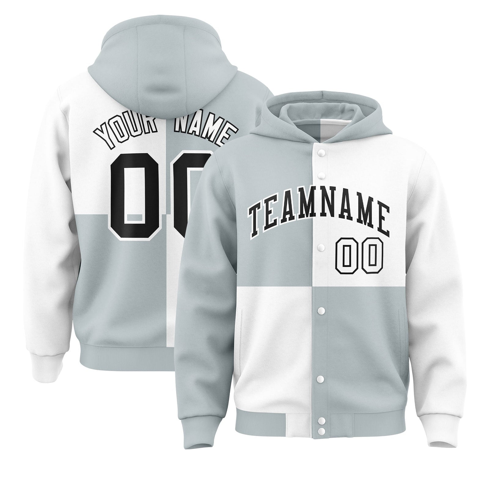 Custom Silver White Varsity Full-Snap Four Squares Color Block Letterman Hoodie Jacket
