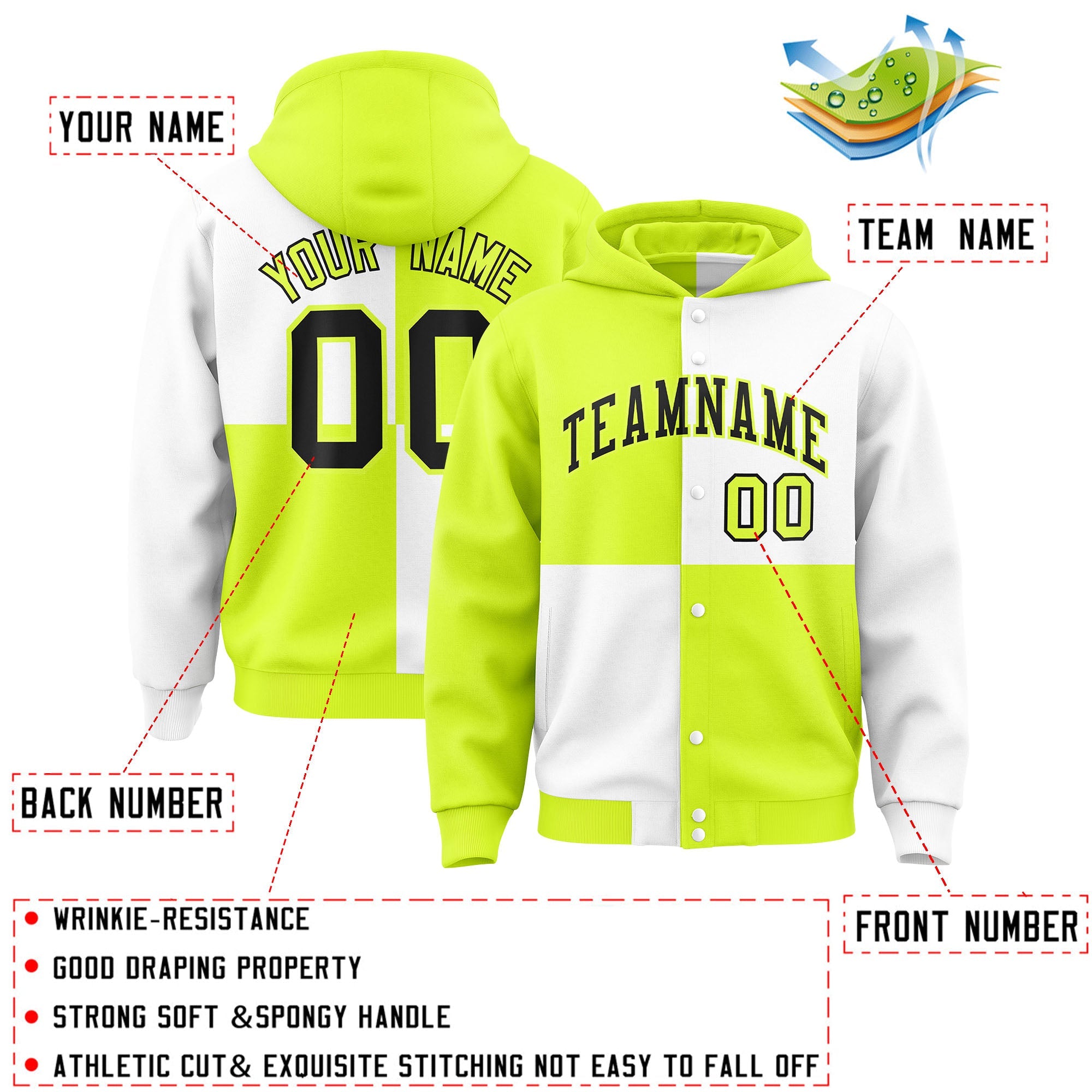 Custom Green White Varsity Full-Snap Four Squares Color Block Letterman Hoodie Jacket