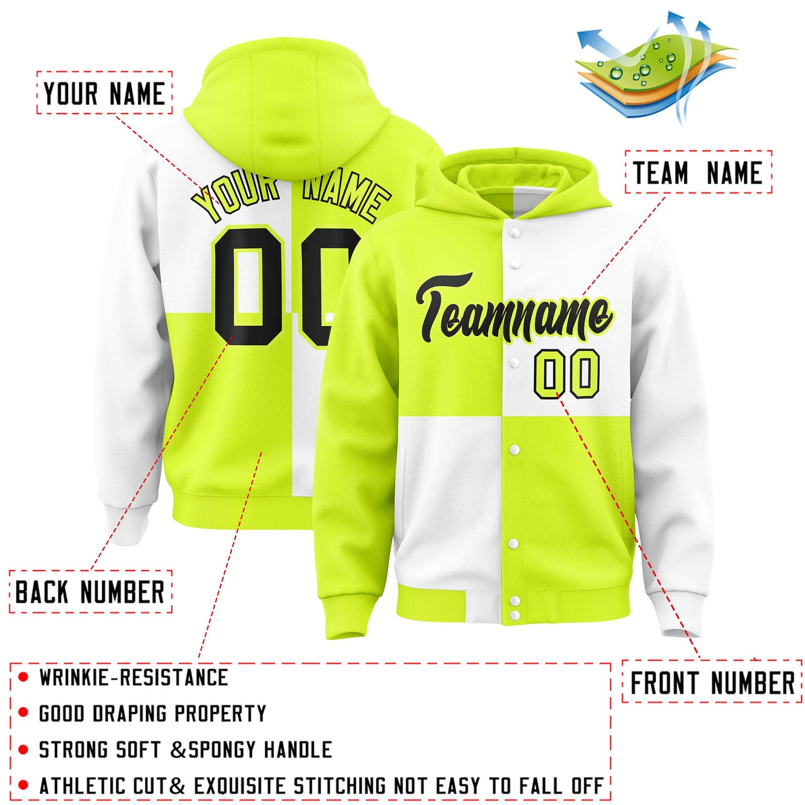 Custom Green White Varsity Full-Snap Four Squares Color Block Letterman Hoodie Jacket