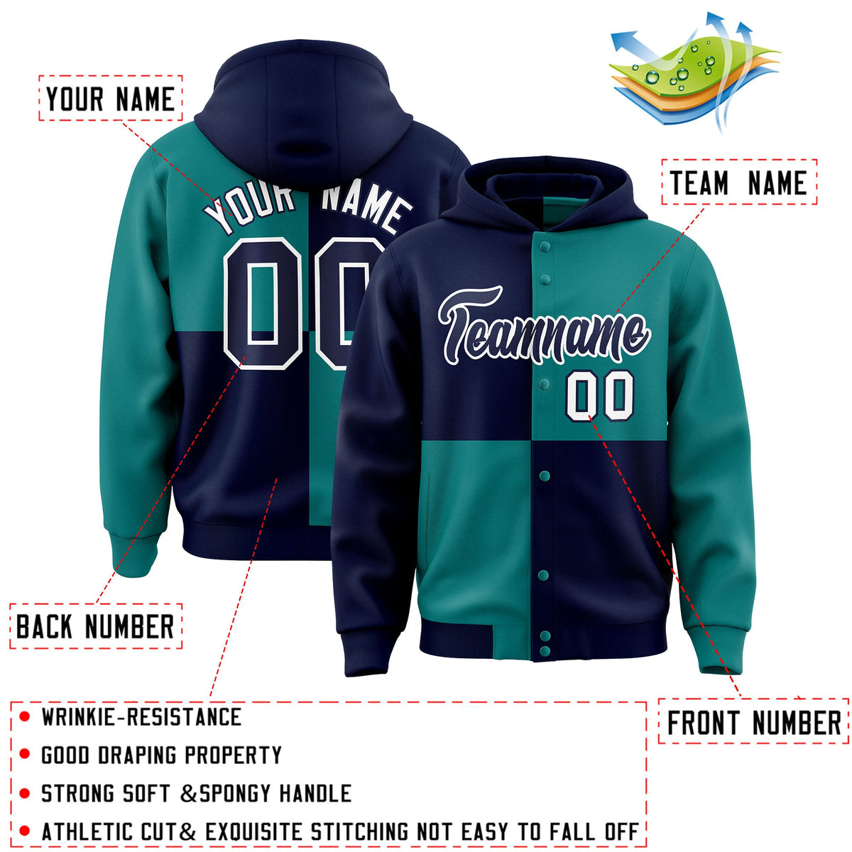 Custom Navy Aqua Varsity Full-Snap Four Squares Color Block Letterman Hoodie Jacket