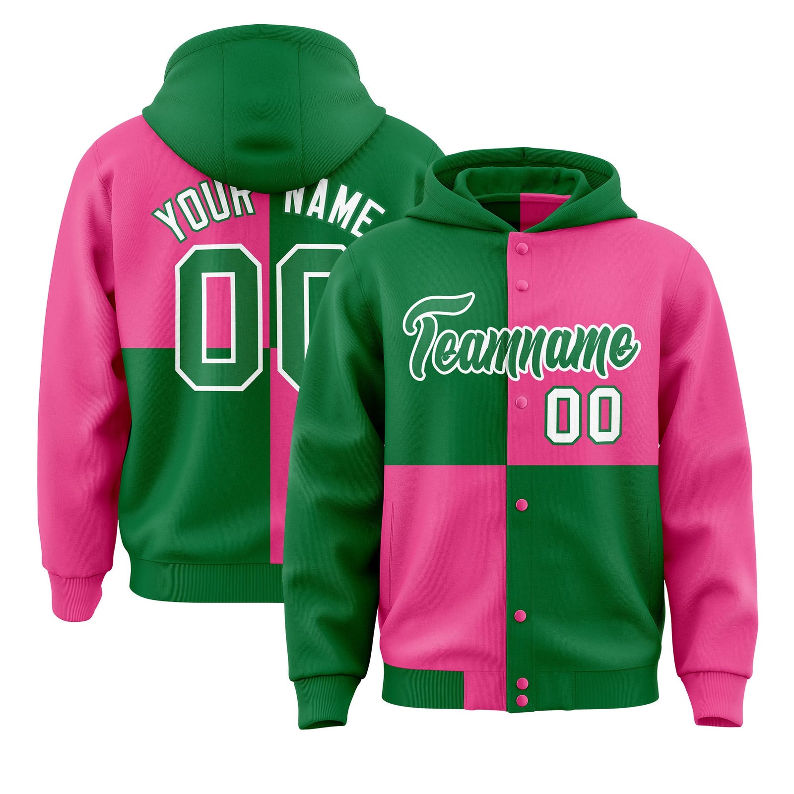 Custom Kelly Green Pink Varsity Full-Snap Four Squares Color Block Letterman Hoodie Jacket