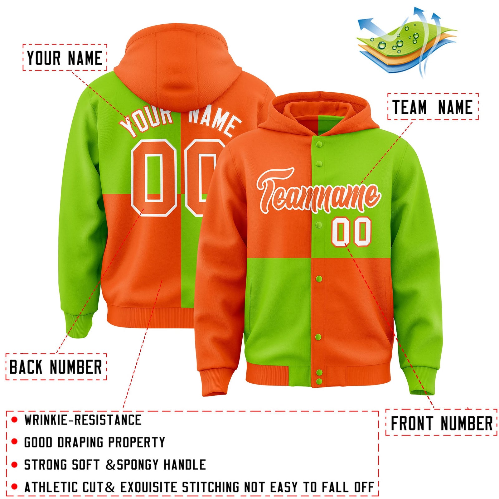 Custom Orange Neon Green Varsity Full-Snap Four Squares Color Block Letterman Hoodie Jacket