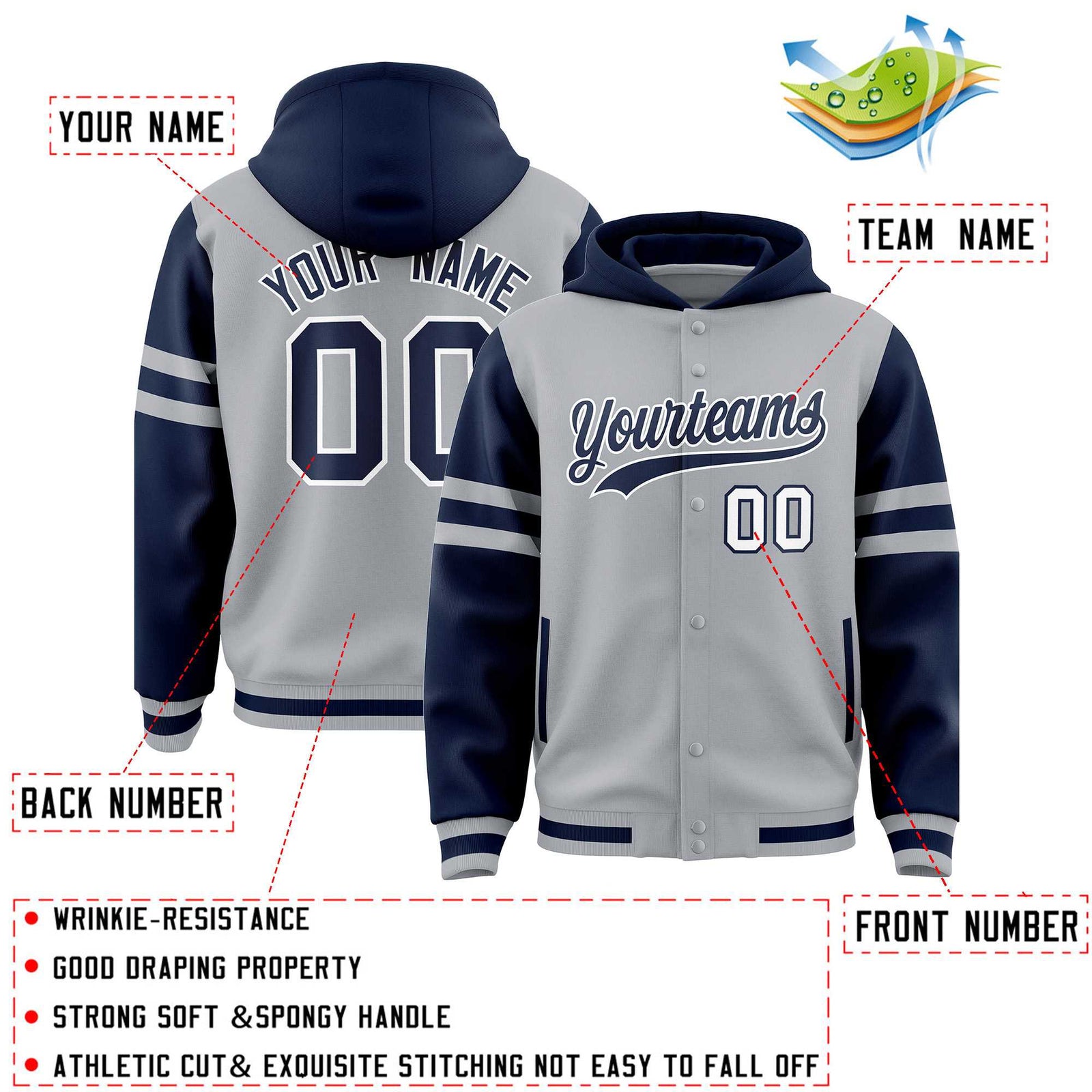 Custom Silver Navy Raglan Sleeves Varsity Full-Snap Letterman Three Stripes Hoodie Jacket