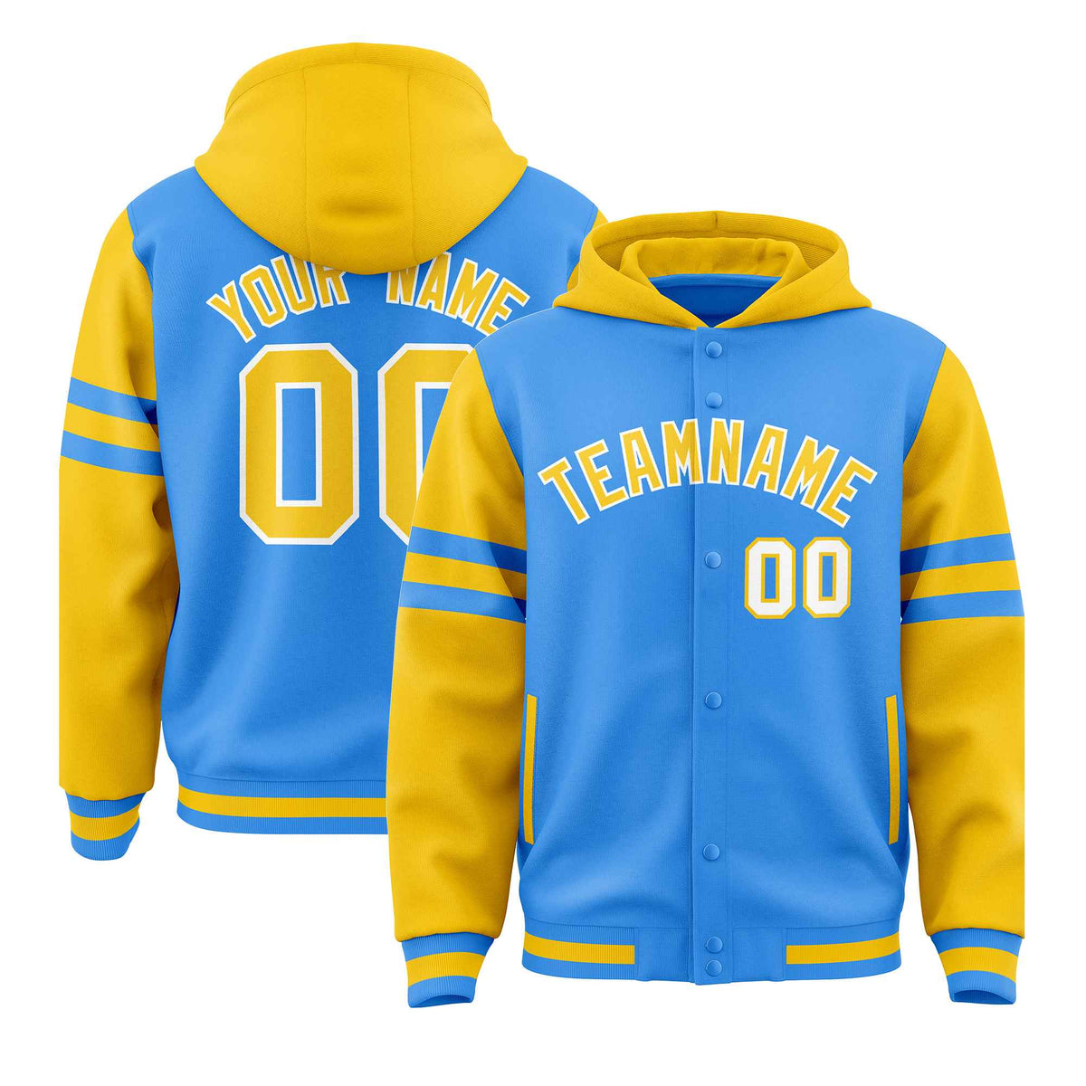 Custom Powder Blue Gold Raglan Sleeves Varsity Full-Snap Letterman Three Stripes Hoodie Jacket