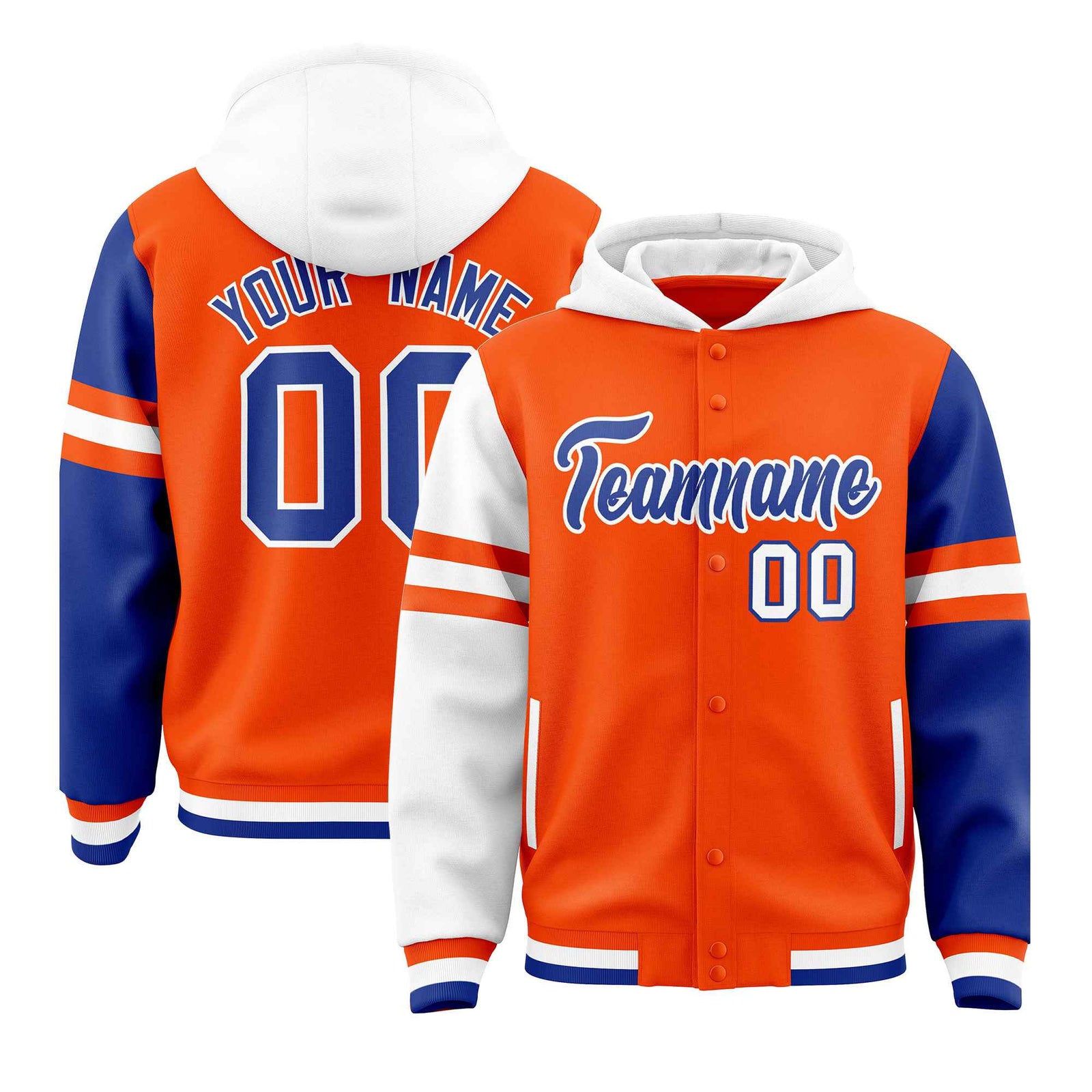 Custom Orange White-Royal Raglan Sleeves Varsity Full-Snap Letterman Three Stripes Hoodie Jacket