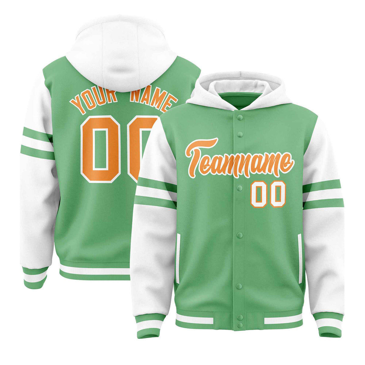 Custom Light Green White Raglan Sleeves Varsity Full-Snap Letterman Three Stripes Hoodie Jacket