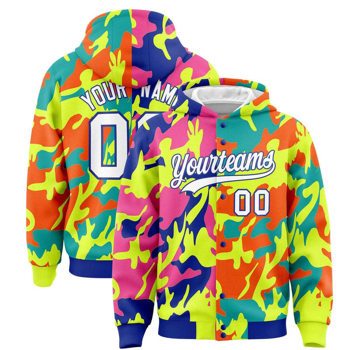 Custom Royal Green Full-Snap Varsity Two Tone Personalized Letterman Camo Hoodie Jacket