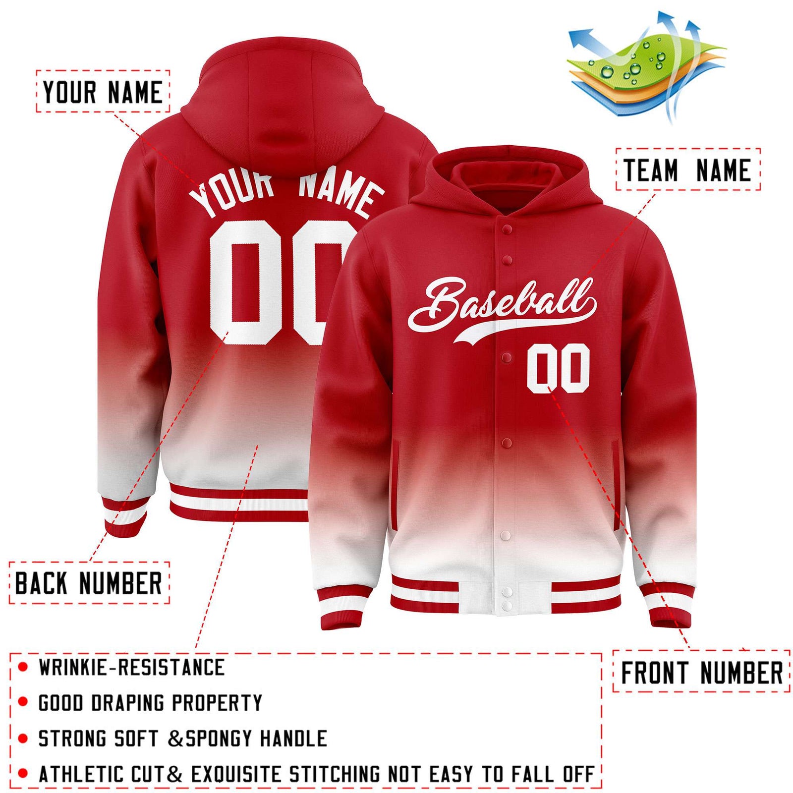 Custom Red White Varsity Full-Snap Letterman Gradient Hoodie Jacket