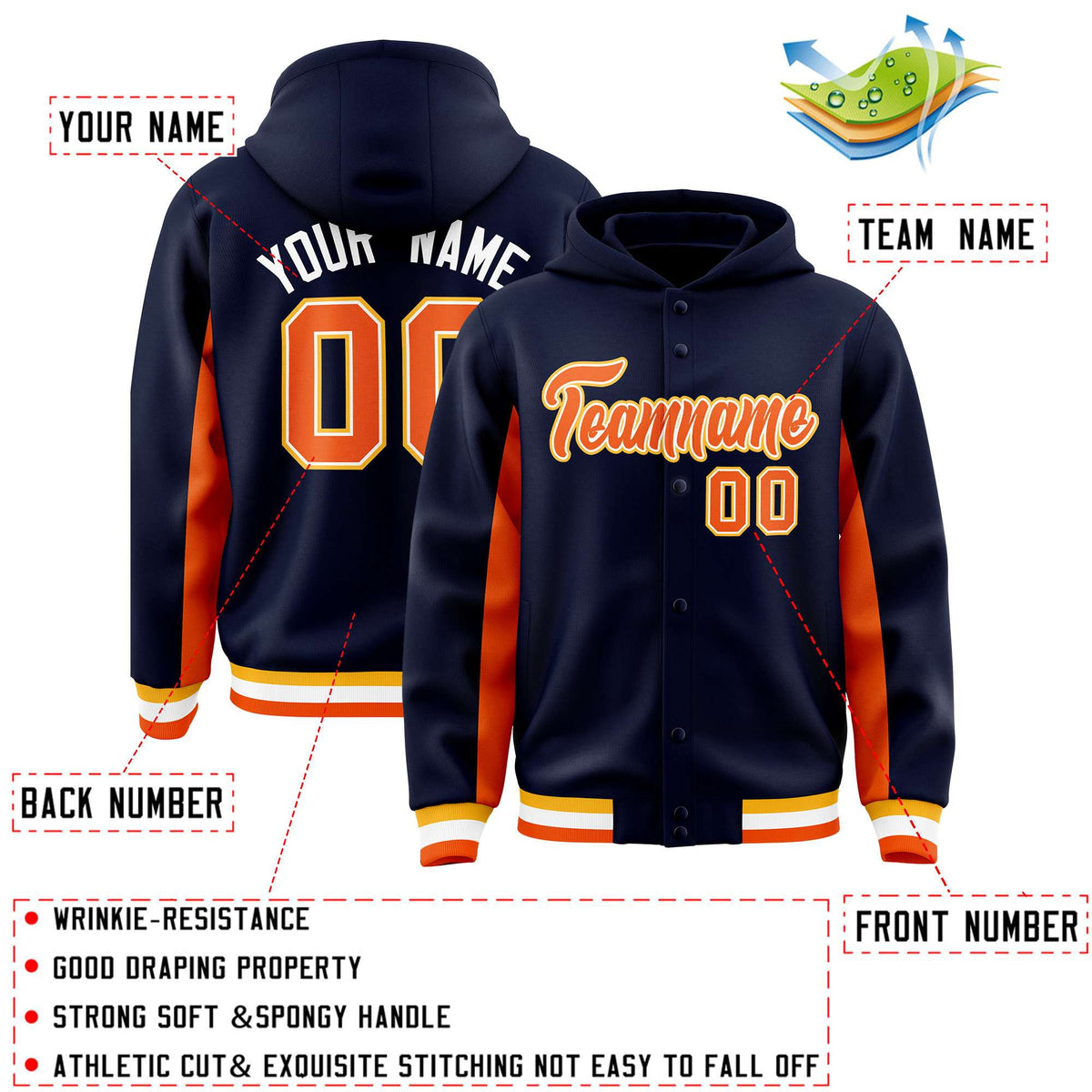 Custom Navy Orange Color Block Varsity Full-Snap Letterman Hoodie Jacket