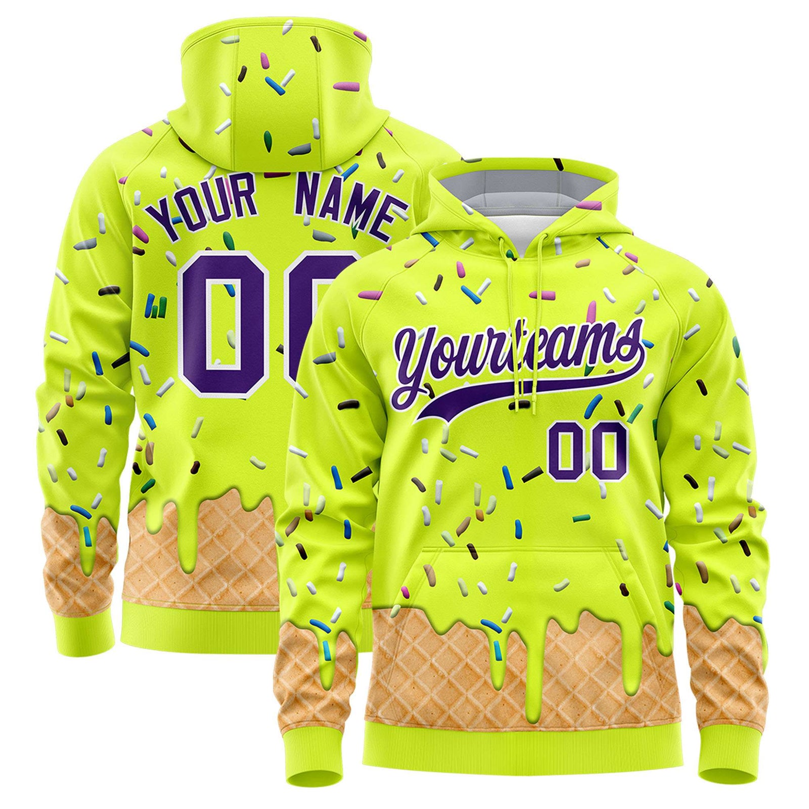 Custom Fluorescent Green Graffiti Pattern Fashion Hoodie Athletic Pullover Sweatshirt