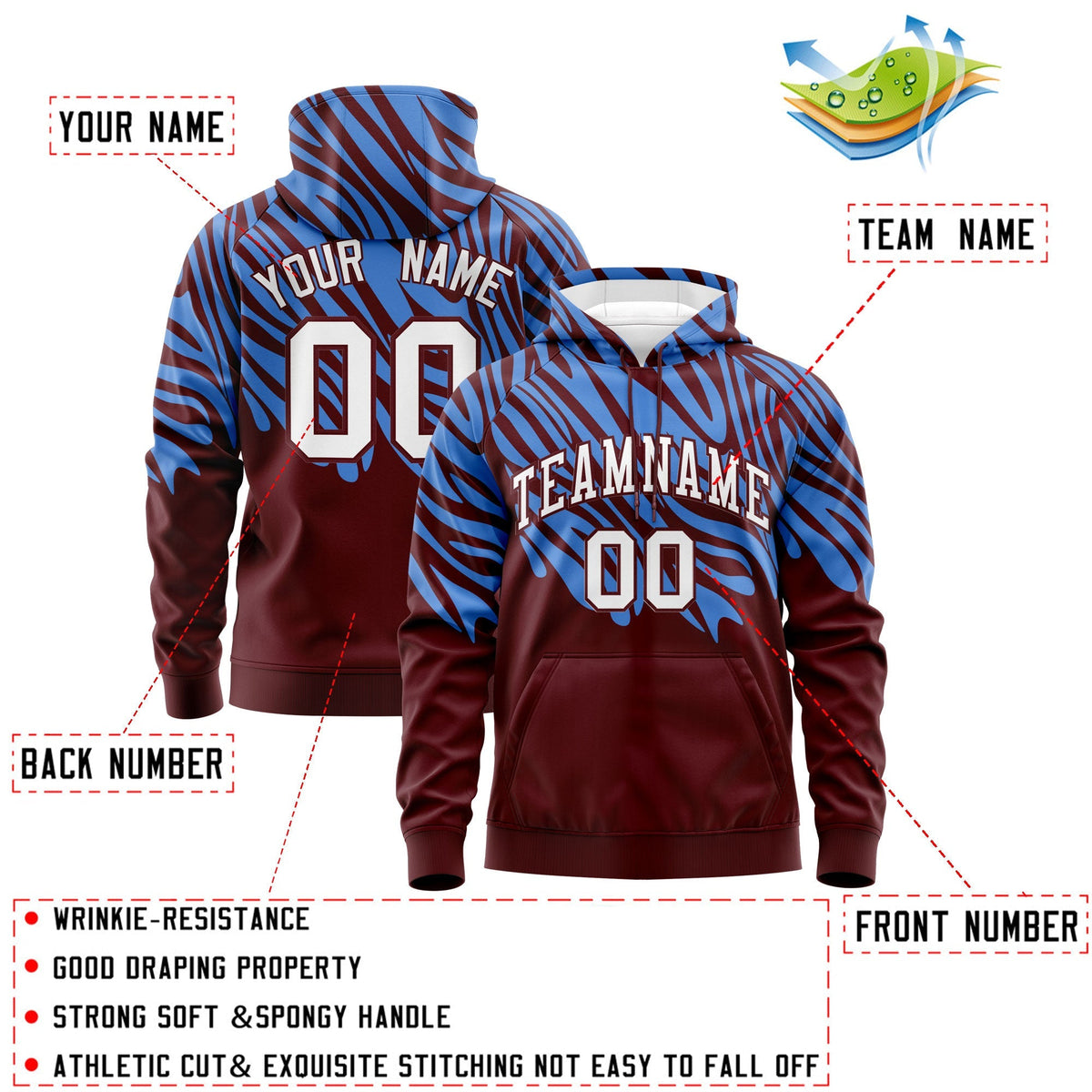Custom Powder Blue Crimson Leopard Print Pullover Sweatshirt Hoodie| KXKSHOP