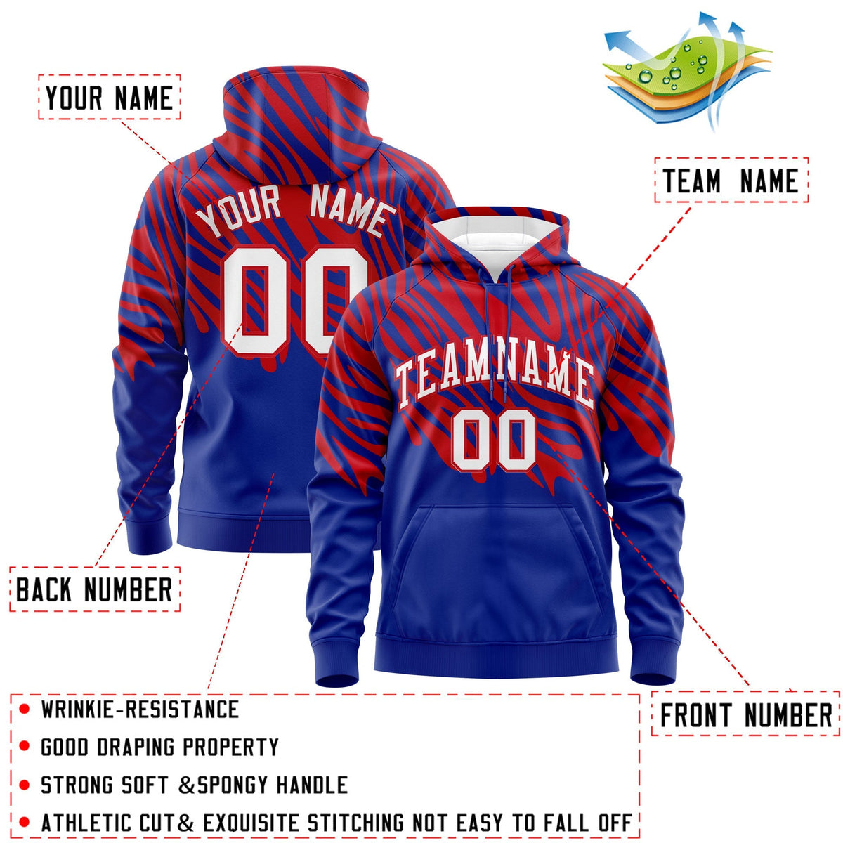 Custom Royal Blue Red Leopard Print Pullover Sweatshirt Hoodie| KXKSHOP