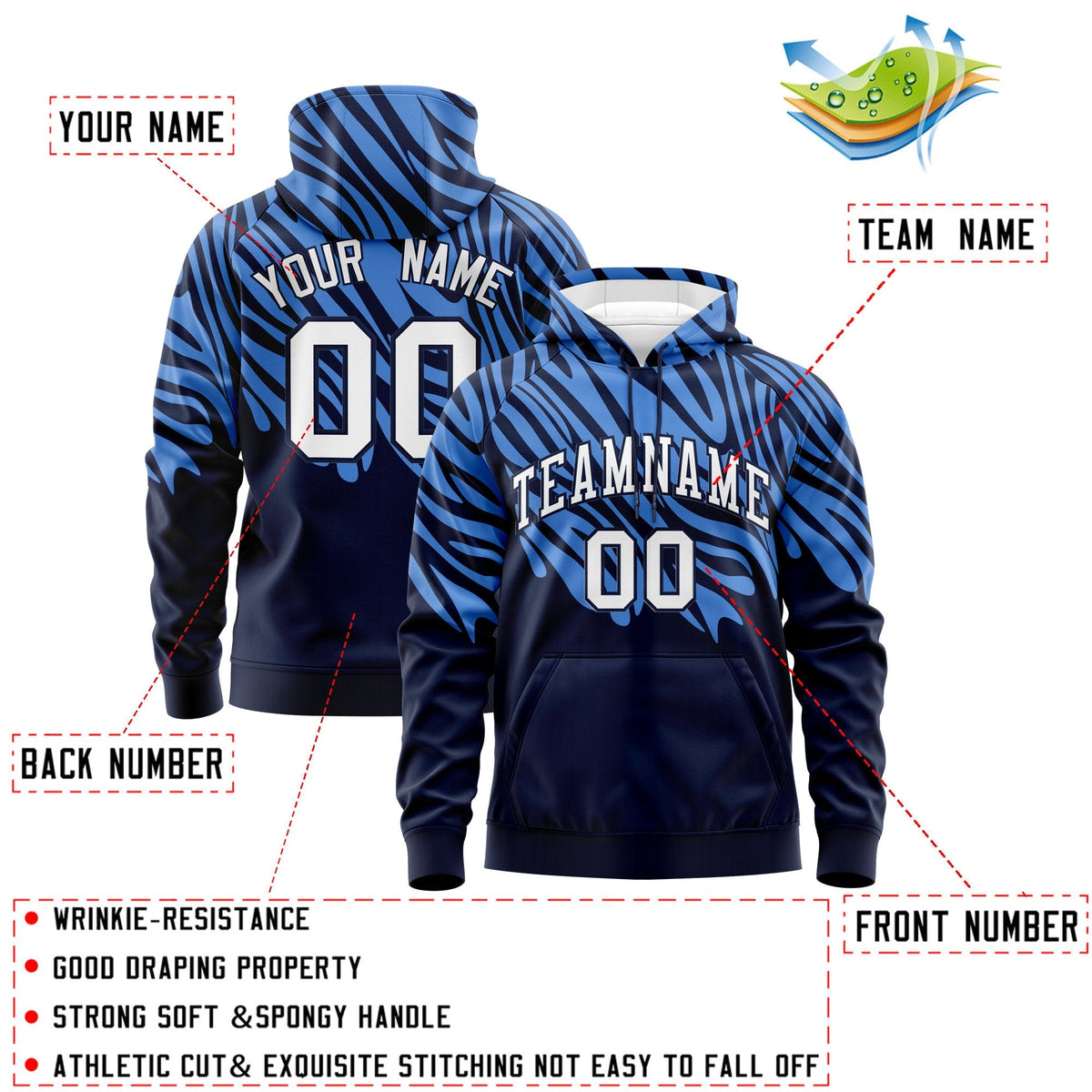 Custom Powder Blue Navy Leopard Print Pullover Sweatshirt Hoodie| KXKSHOP