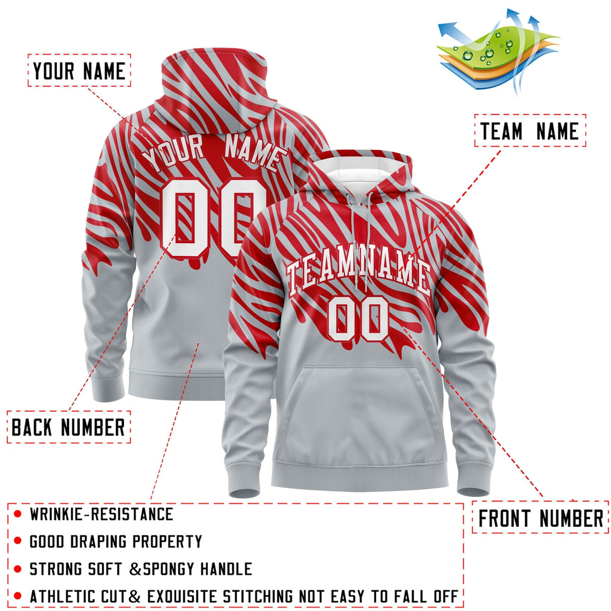 Custom Red Silver Leopard Print Pullover Sweatshirt Hoodie| KXKSHOP