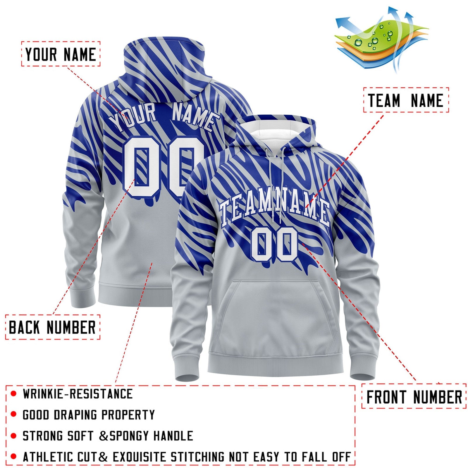 Custom Royal Blue Silver Leopard Print Pullover Sweatshirt Hoodie| KXKSHOP
