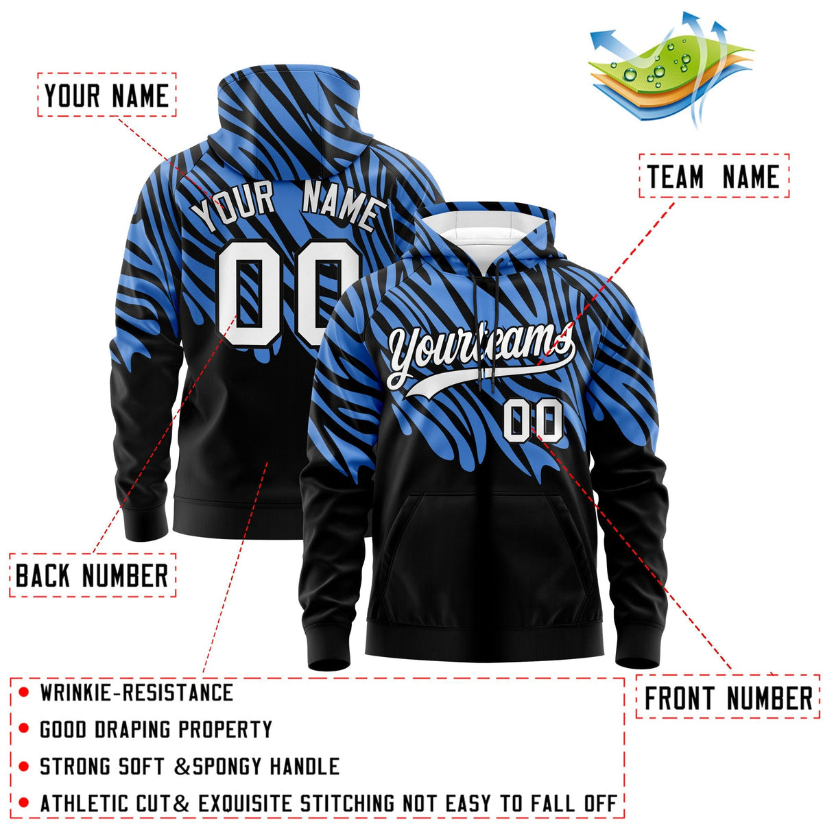 Custom Powder Blue Black Leopard Print Pullover Sweatshirt Hoodie| KXKSHOP