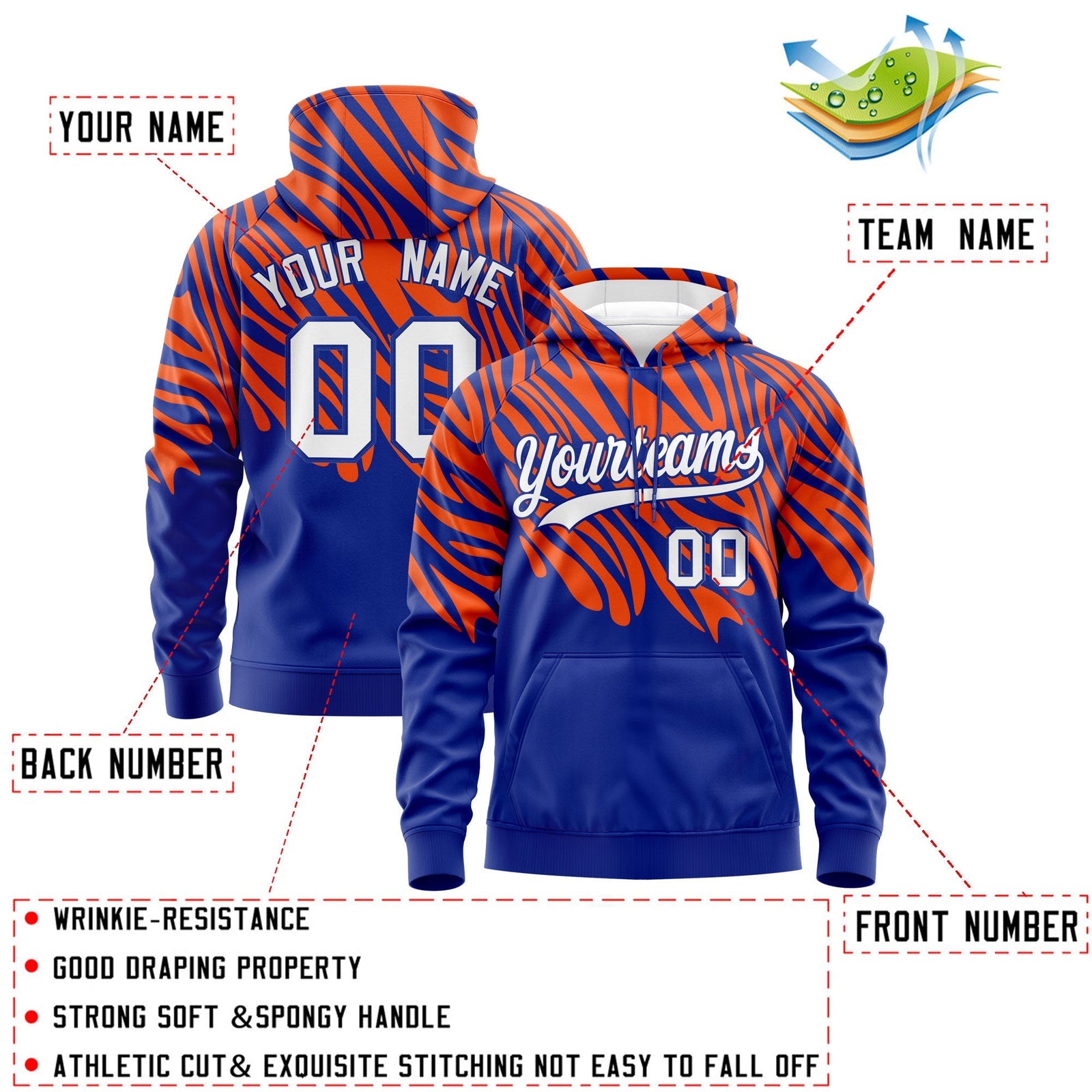 Custom Orange Royal Blue Leopard Print Pullover Sweatshirt Hoodie| KXKSHOP