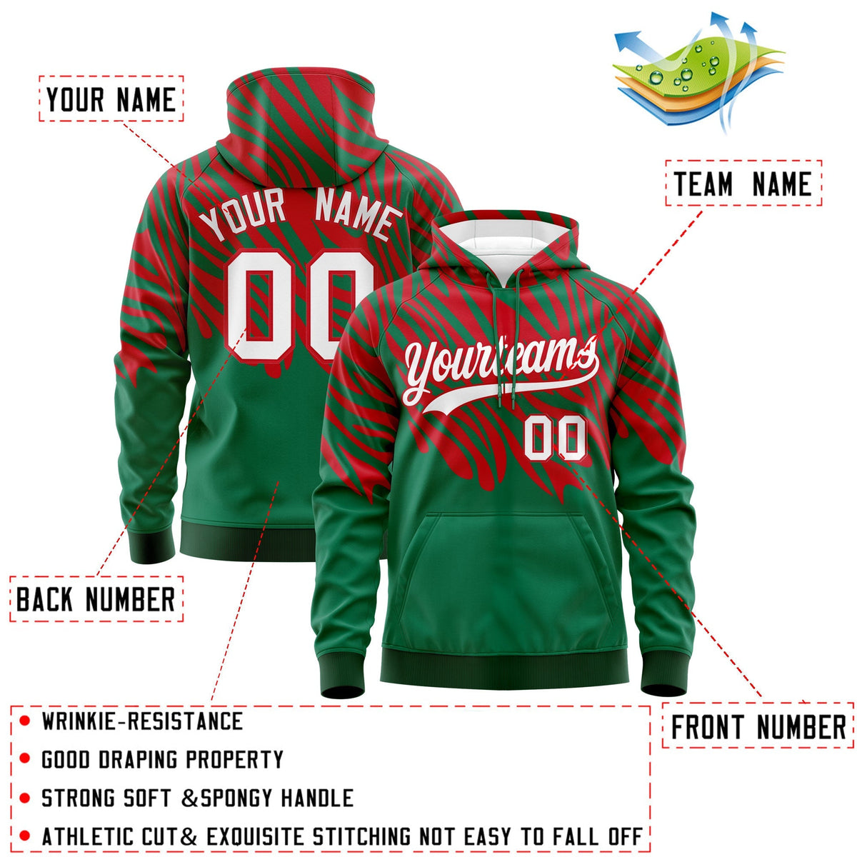 Custom Kelly Green Red Leopard Print Pullover Sweatshirt Hoodie| KXKSHOP