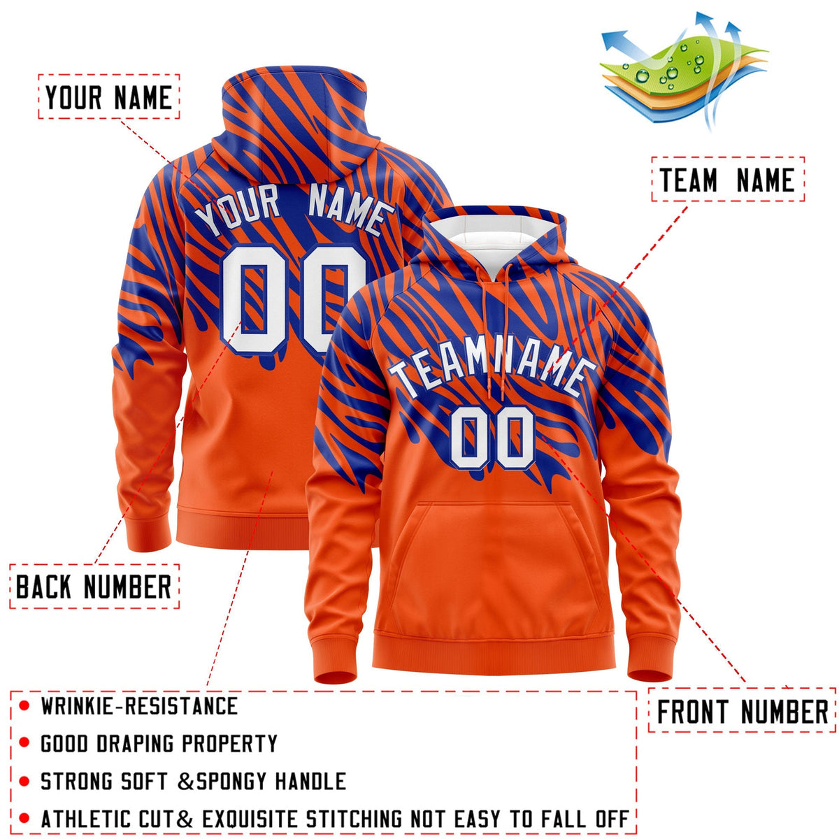 Custom Royal Blue Orange Leopard Print Pullover Sweatshirt Hoodie| KXKSHOP